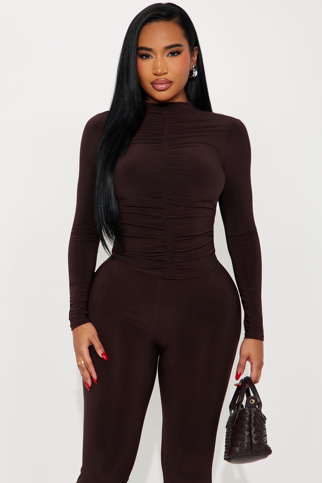 Natalie Ruched Mock Neck Pant Set - Chocolate