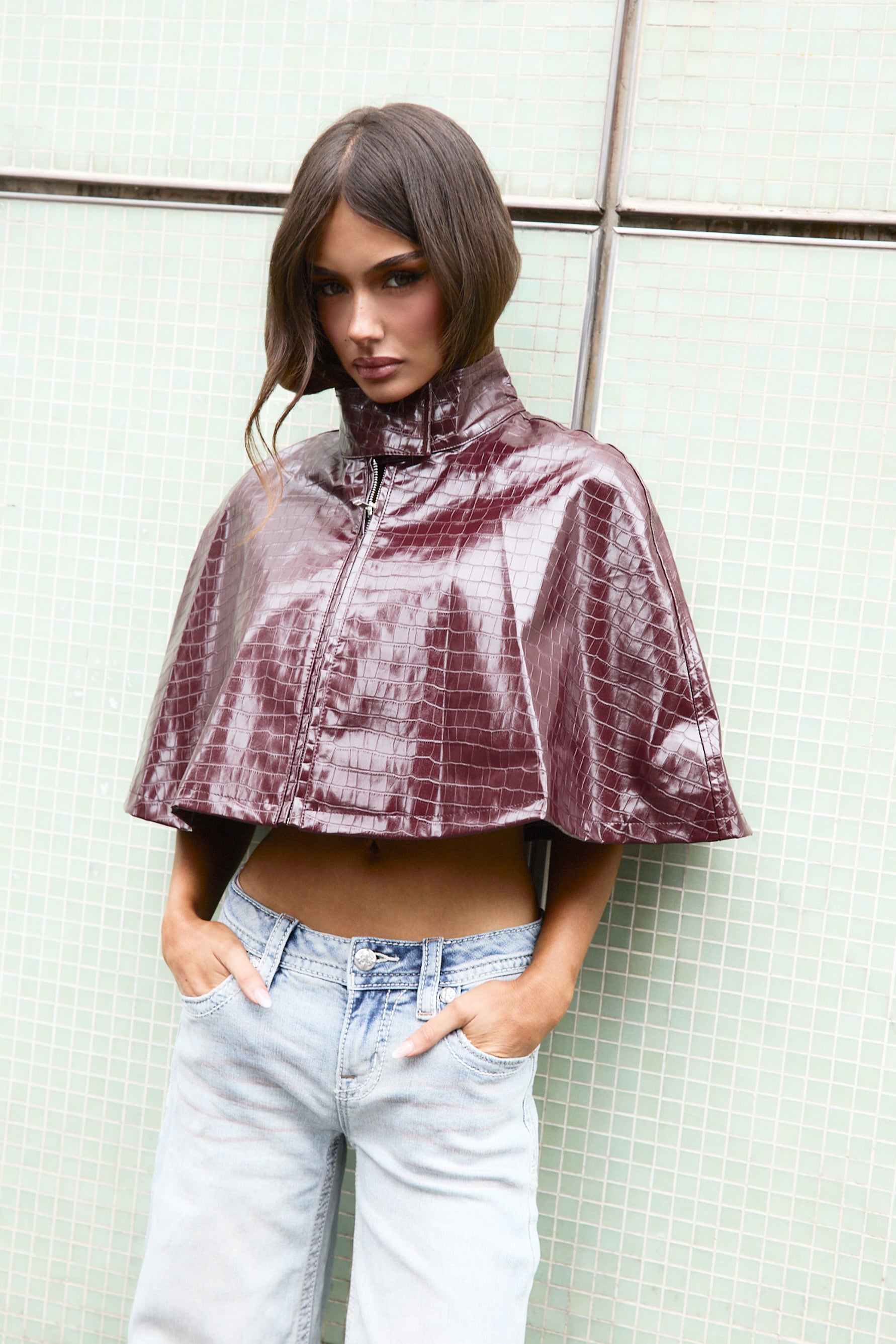Midnight Funnel Neck Croc Cape - Burgundy