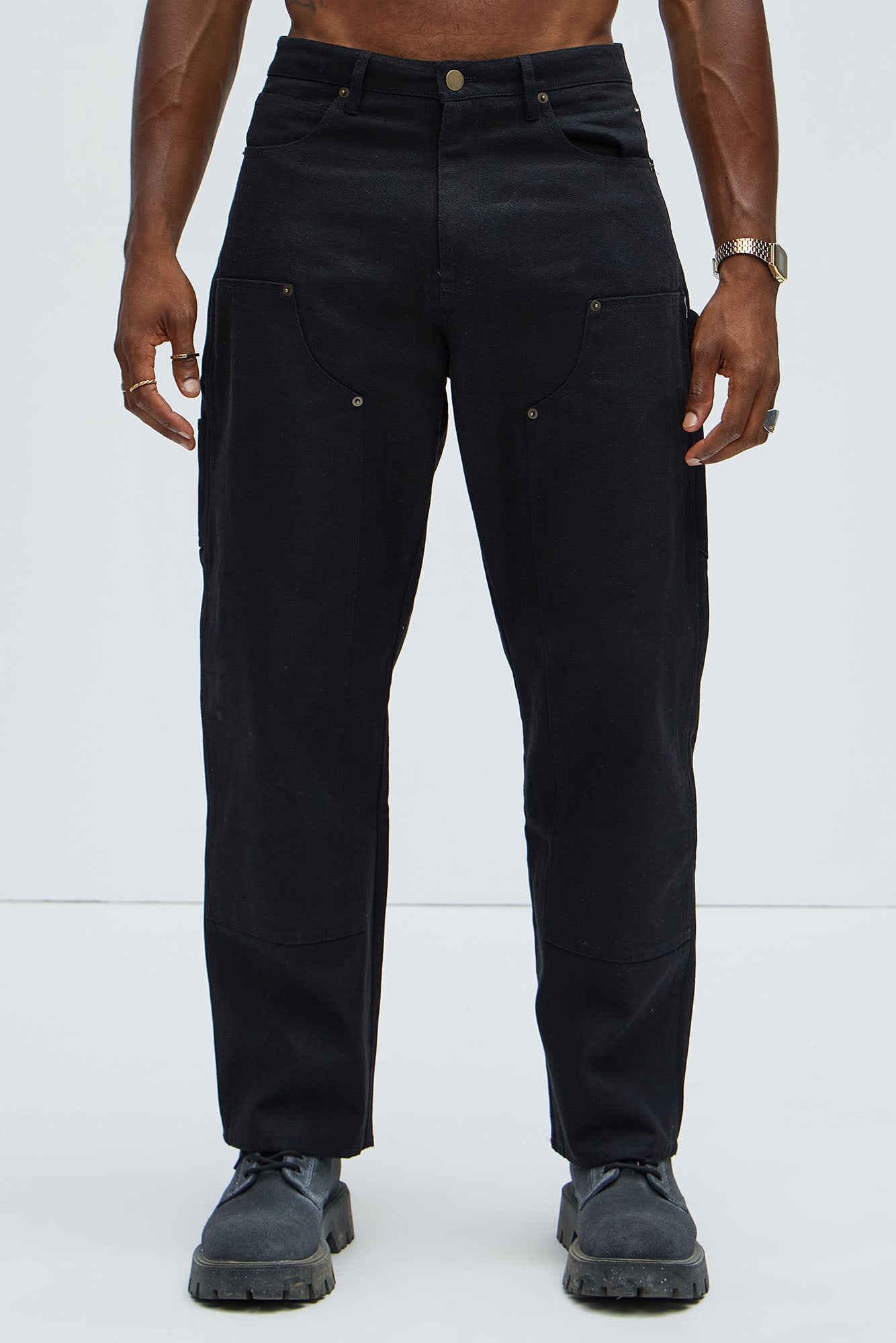 Alexander Double Knee Straight Utility Canvas Pants - Black