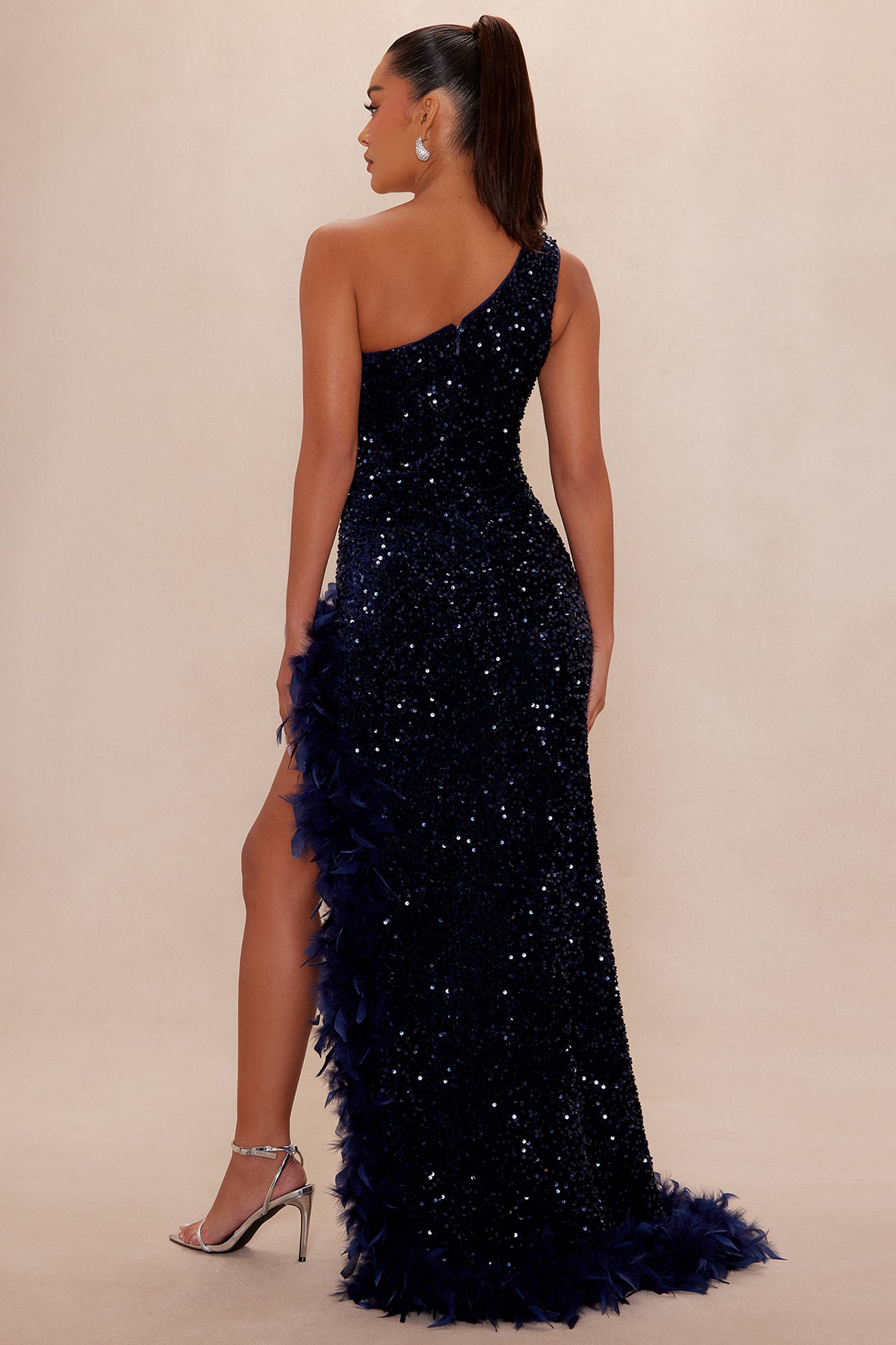 Esme Sequin Feather Maxi Dress - Navy