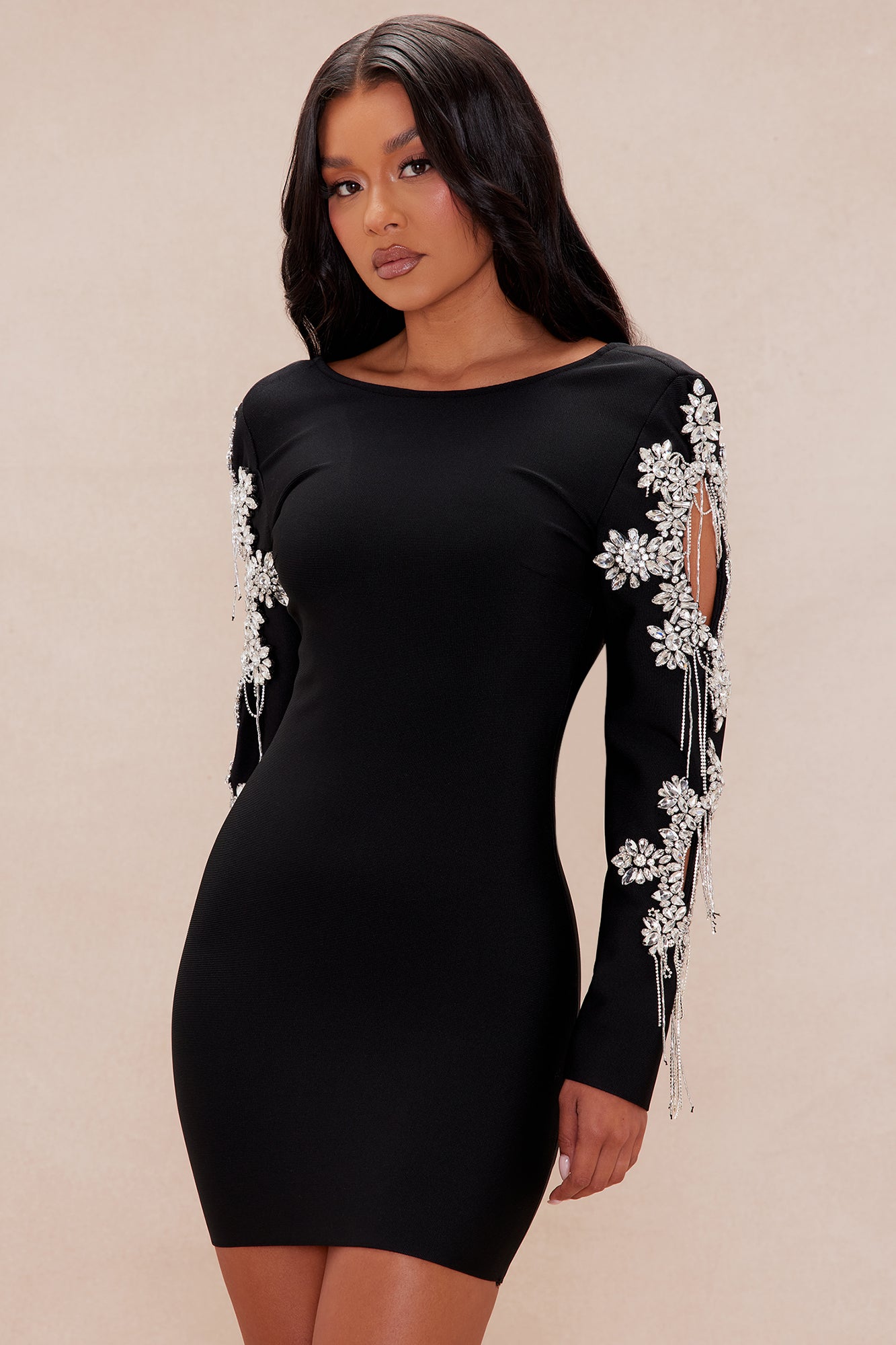Exclusive Embellished Bandage Mini Dress - Black
