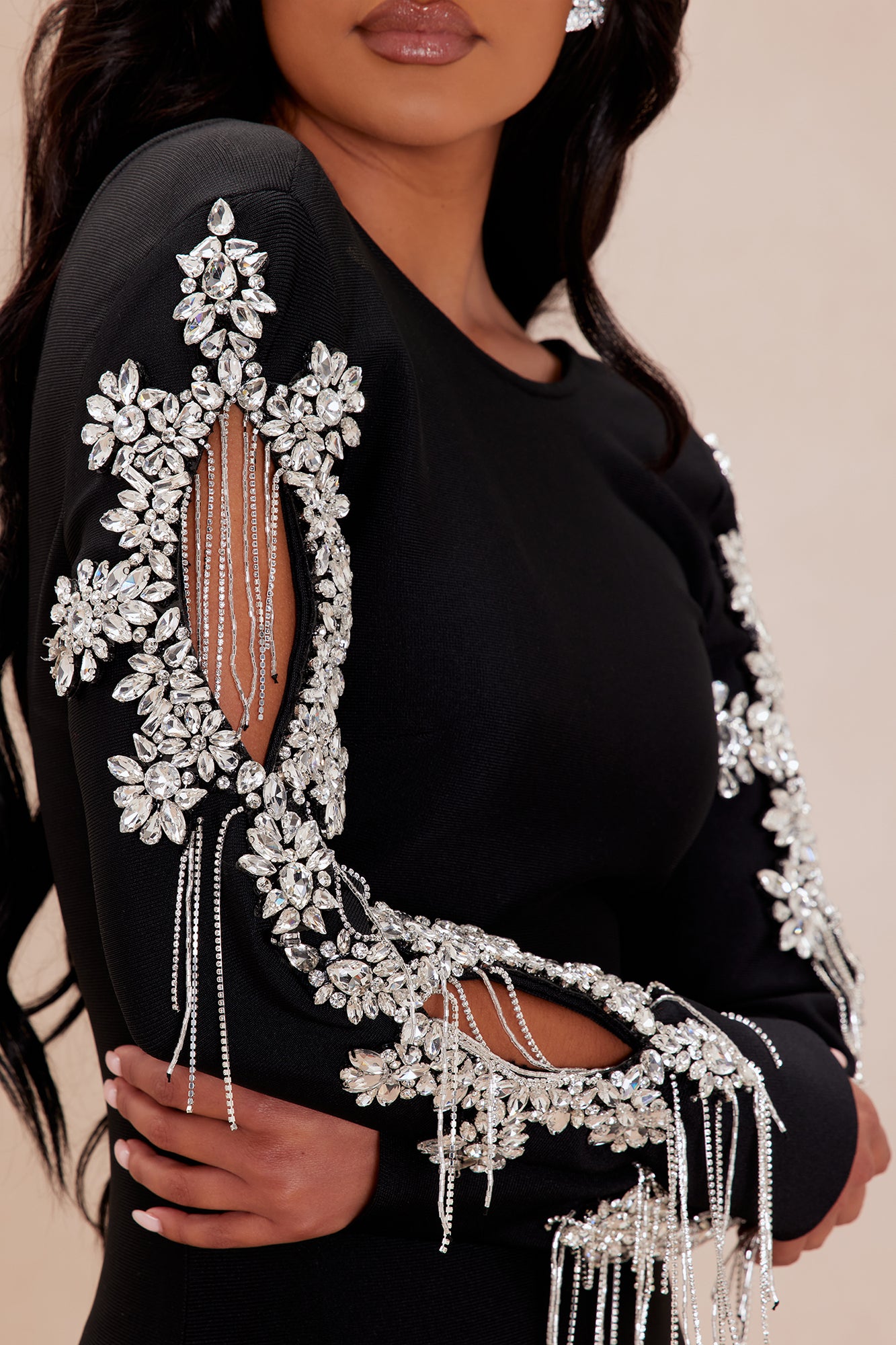 Exclusive Embellished Bandage Mini Dress - Black