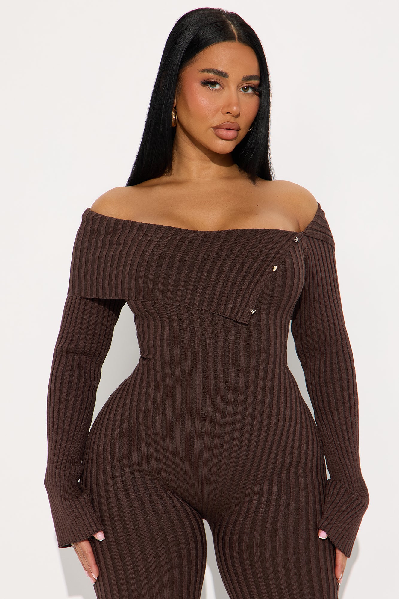 Melina Sweater Off Shoulder Skinny Leg Jumpsuit - Chocolate