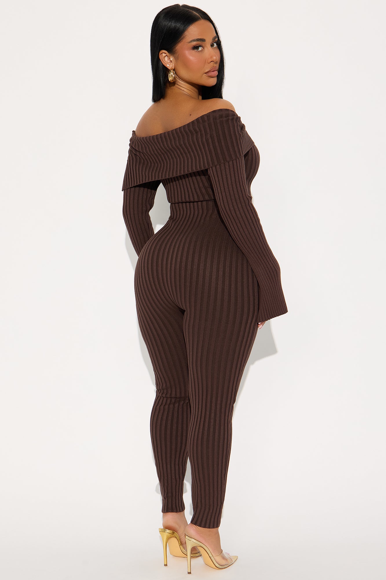Melina Sweater Off Shoulder Skinny Leg Jumpsuit - Chocolate