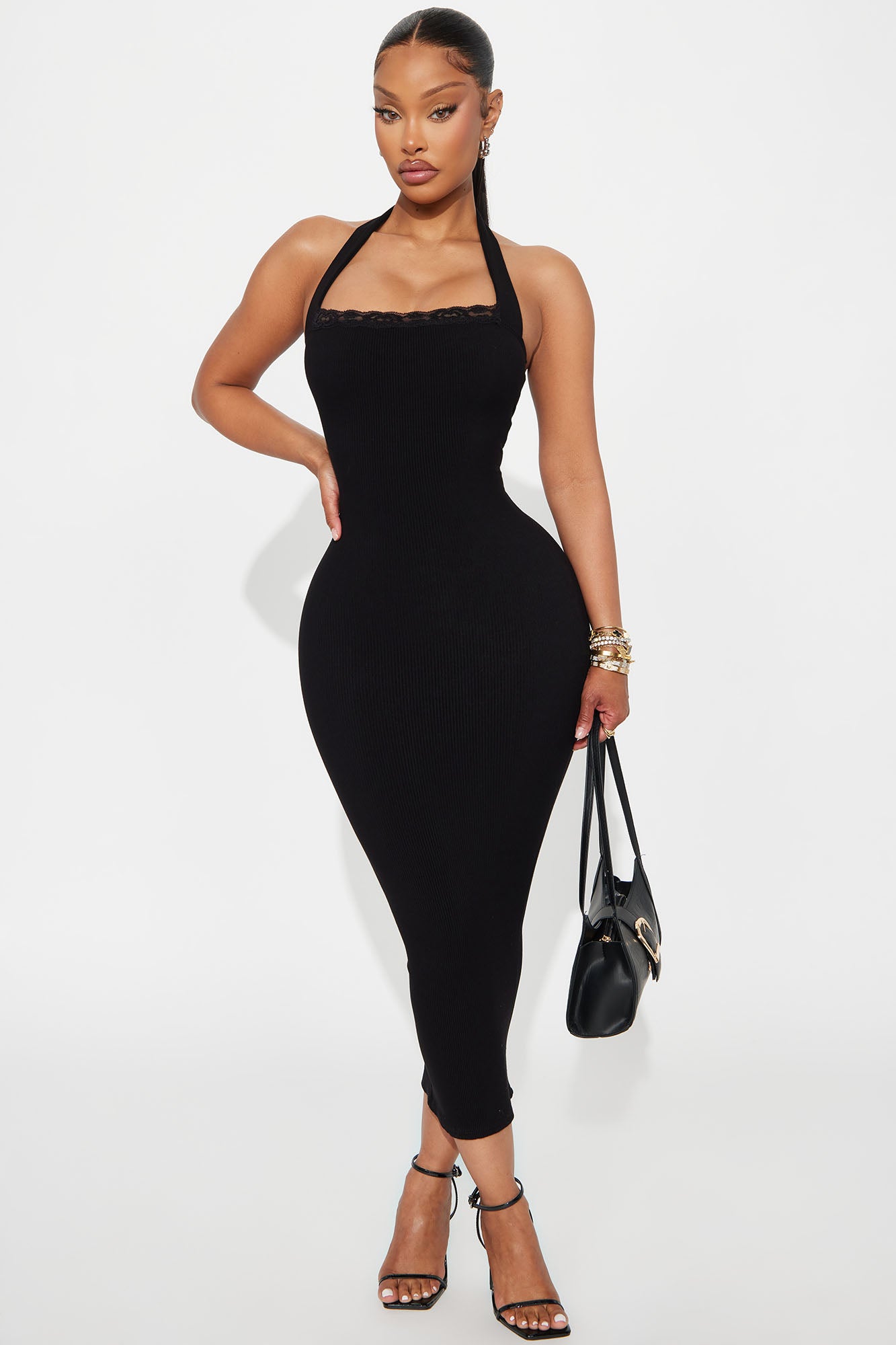 Mallory Halter Snatched Midi Dress - Black