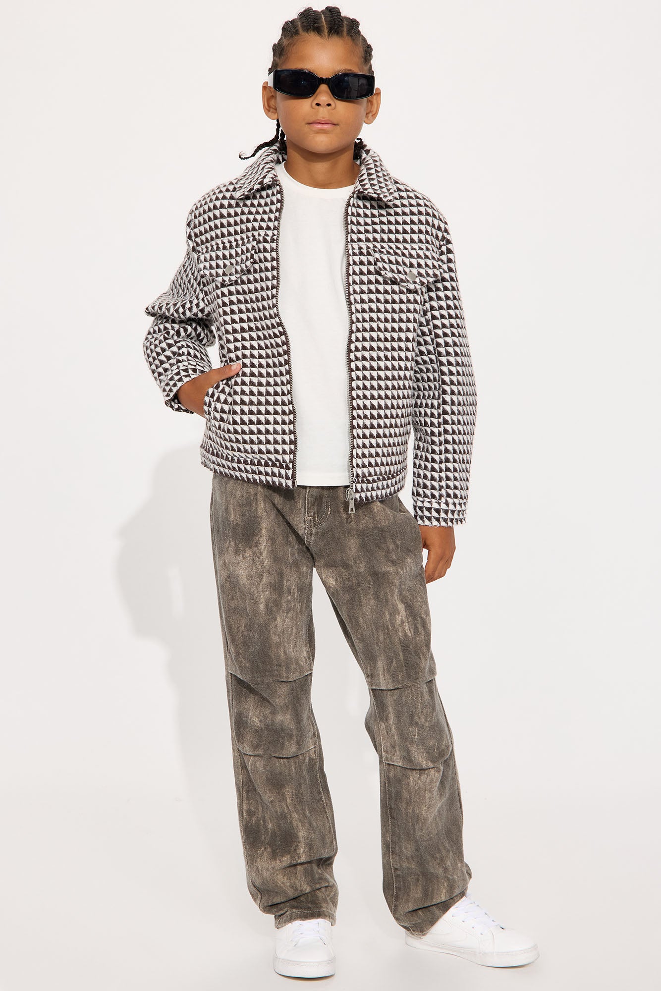 Mini Textured Geometric Zip Jacket - Brown/combo