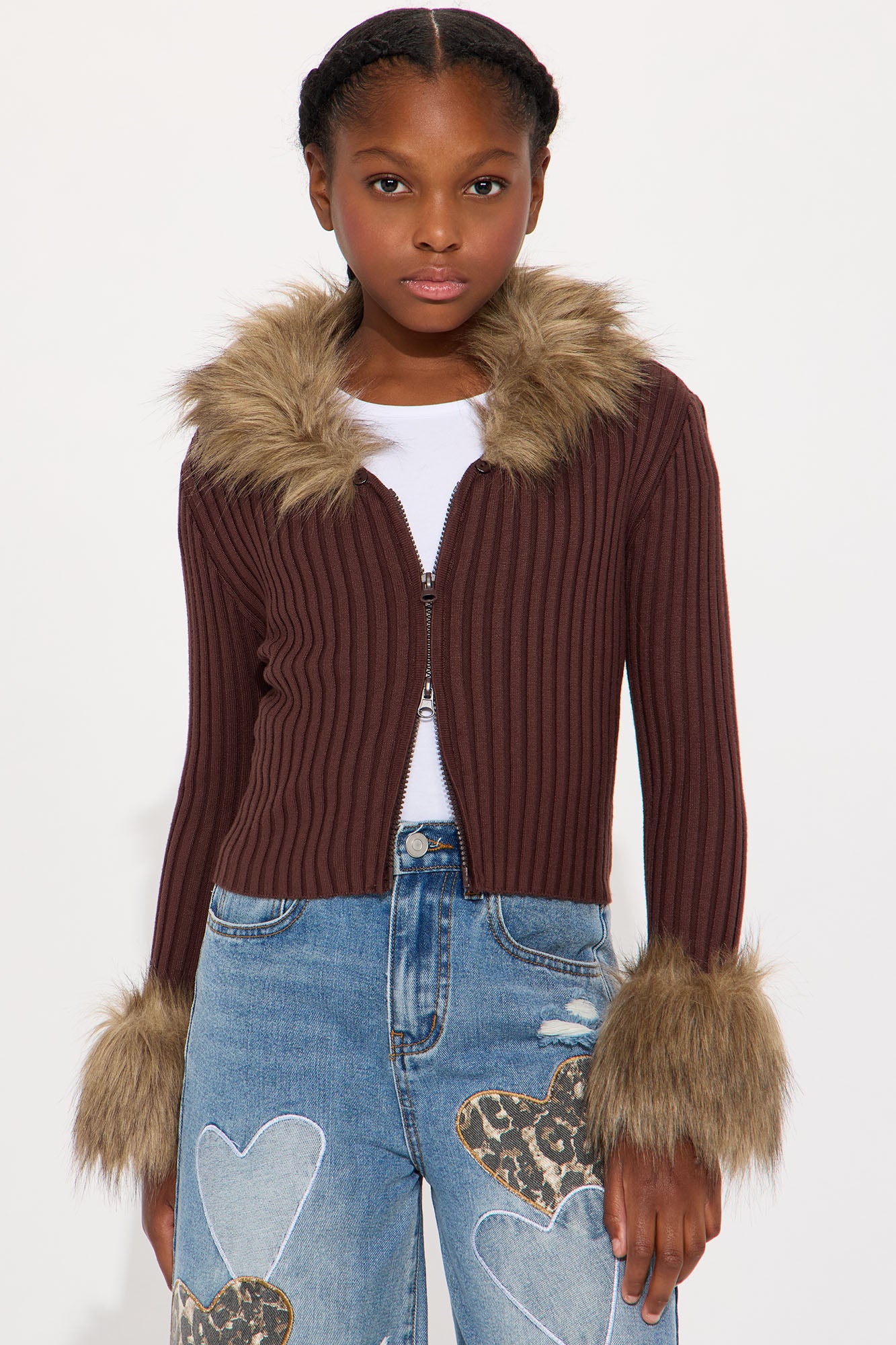 Mini Furever Feeling Faux Fur Cardigan - Chocolate/Combo