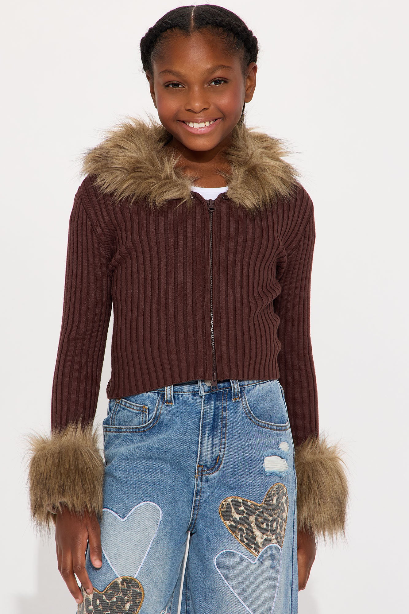 Mini Furever Feeling Faux Fur Cardigan - Chocolate/Combo