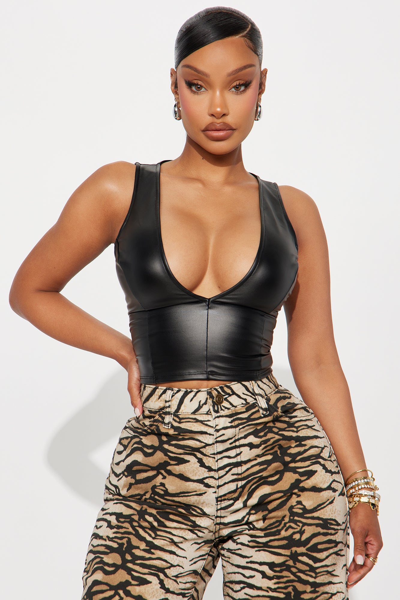 Angelina Faux Leather Top - Black