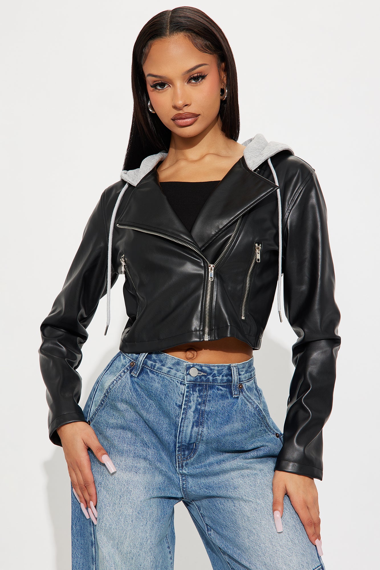 Callie Hooded Faux Leather Moto Jacket - Black