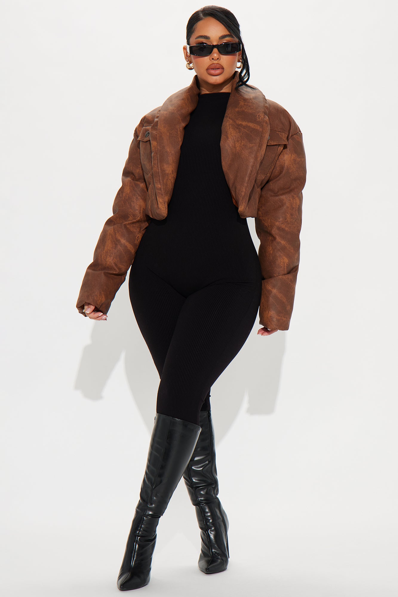 Cloud Hopping Faux Leather Puffer Jacket - Brown