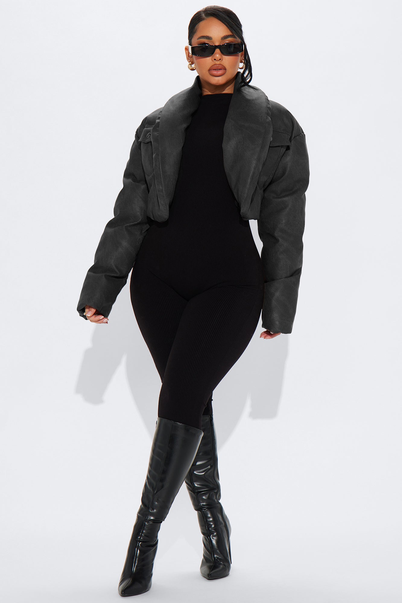 Cloud Hopping Faux Leather Puffer Jacket - Black Wash