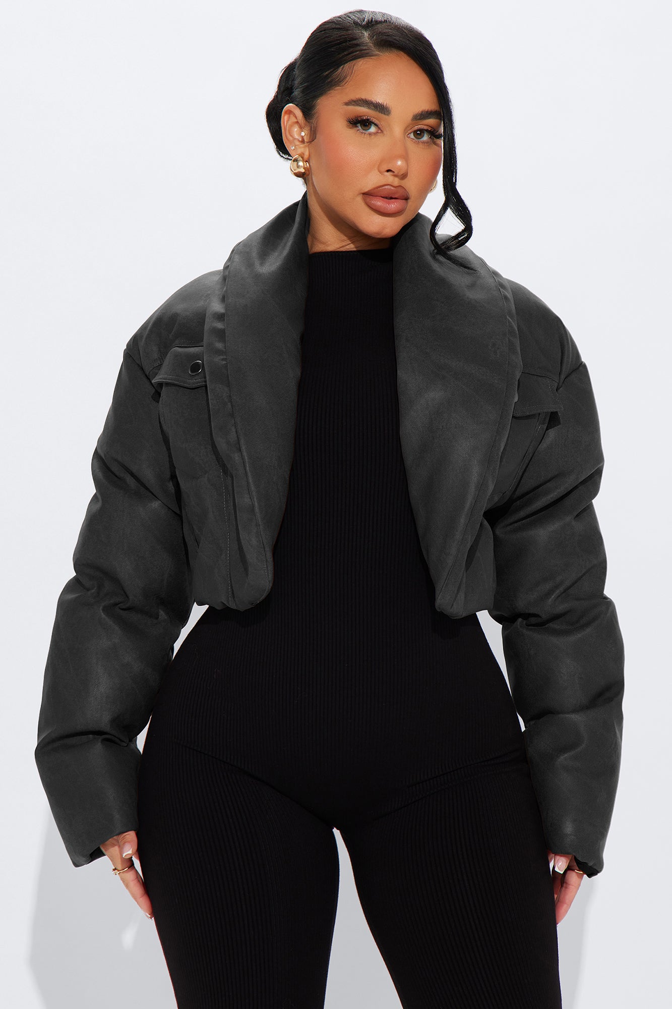 Cloud Hopping Faux Leather Puffer Jacket - Black Wash
