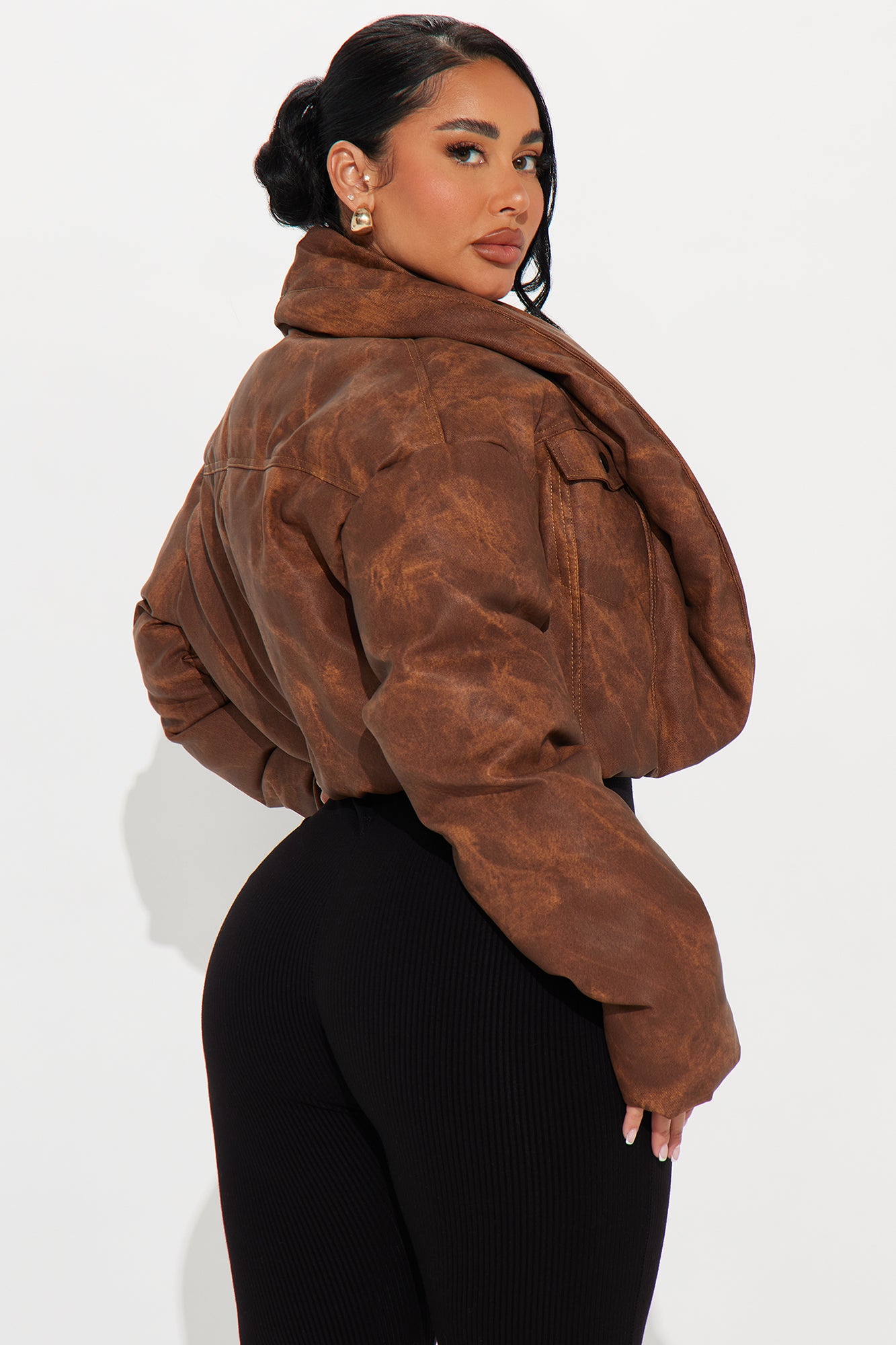 Cloud Hopping Faux Leather Puffer Jacket - Brown