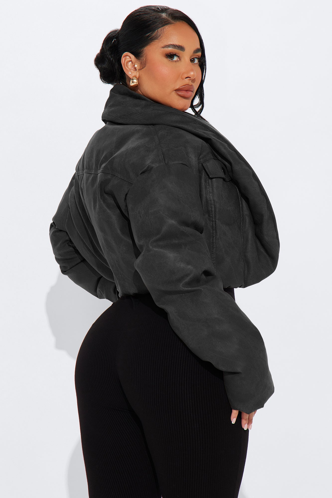 Cloud Hopping Faux Leather Puffer Jacket - Black Wash