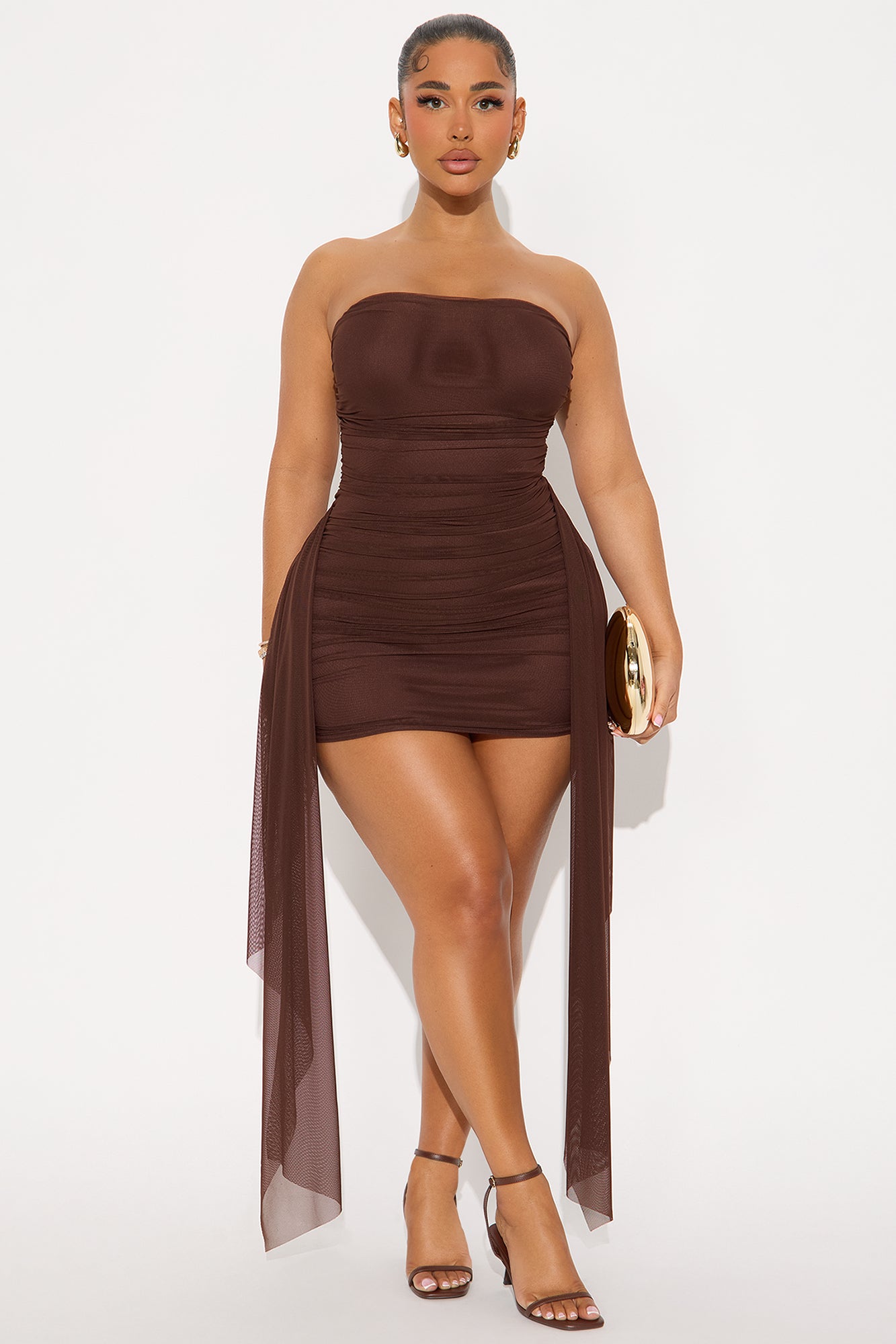 Tessa Draped Mesh Mini Dress - Chocolate