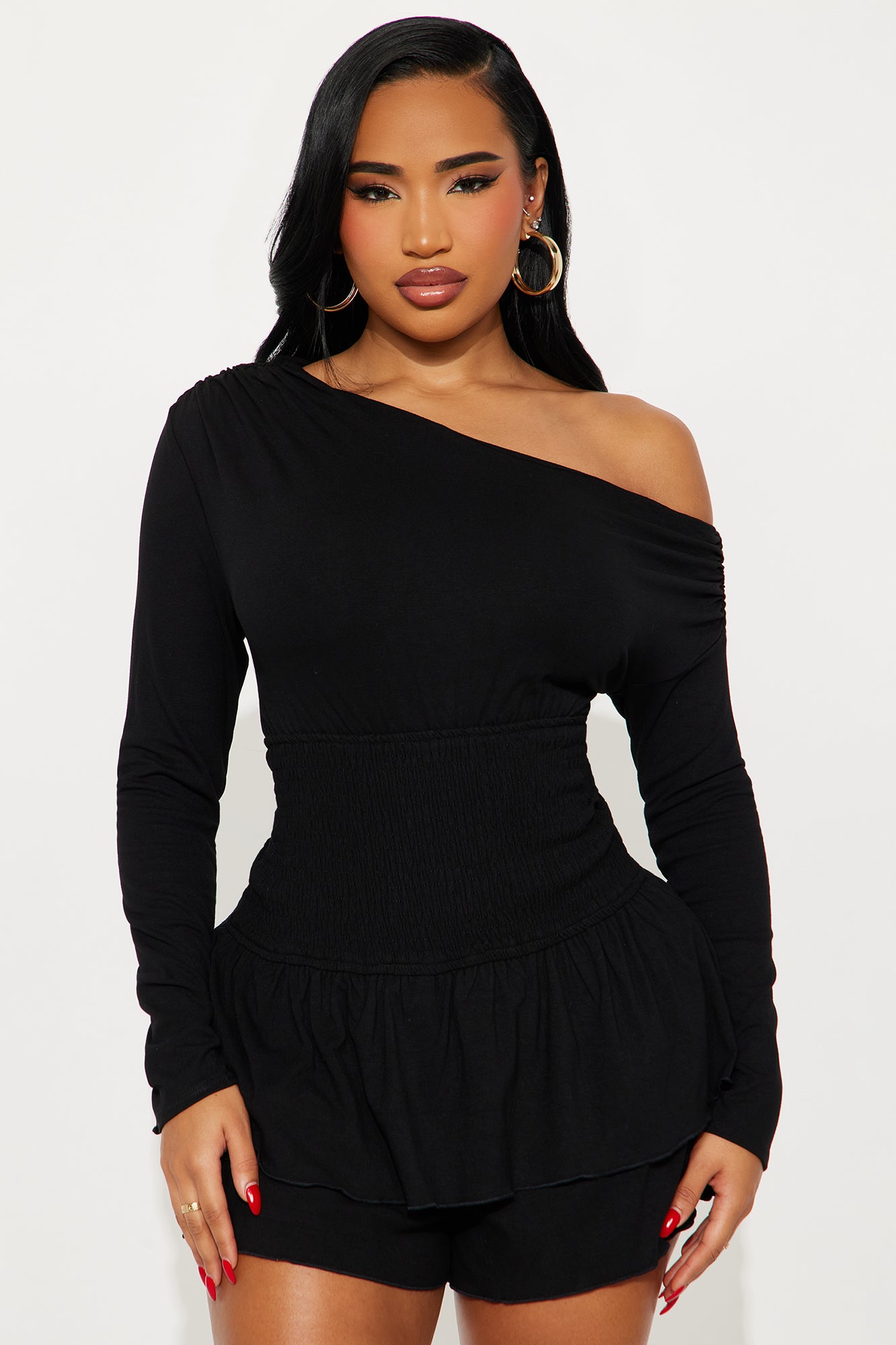 One More Look Off Shoulder Ruffle Romper - Black