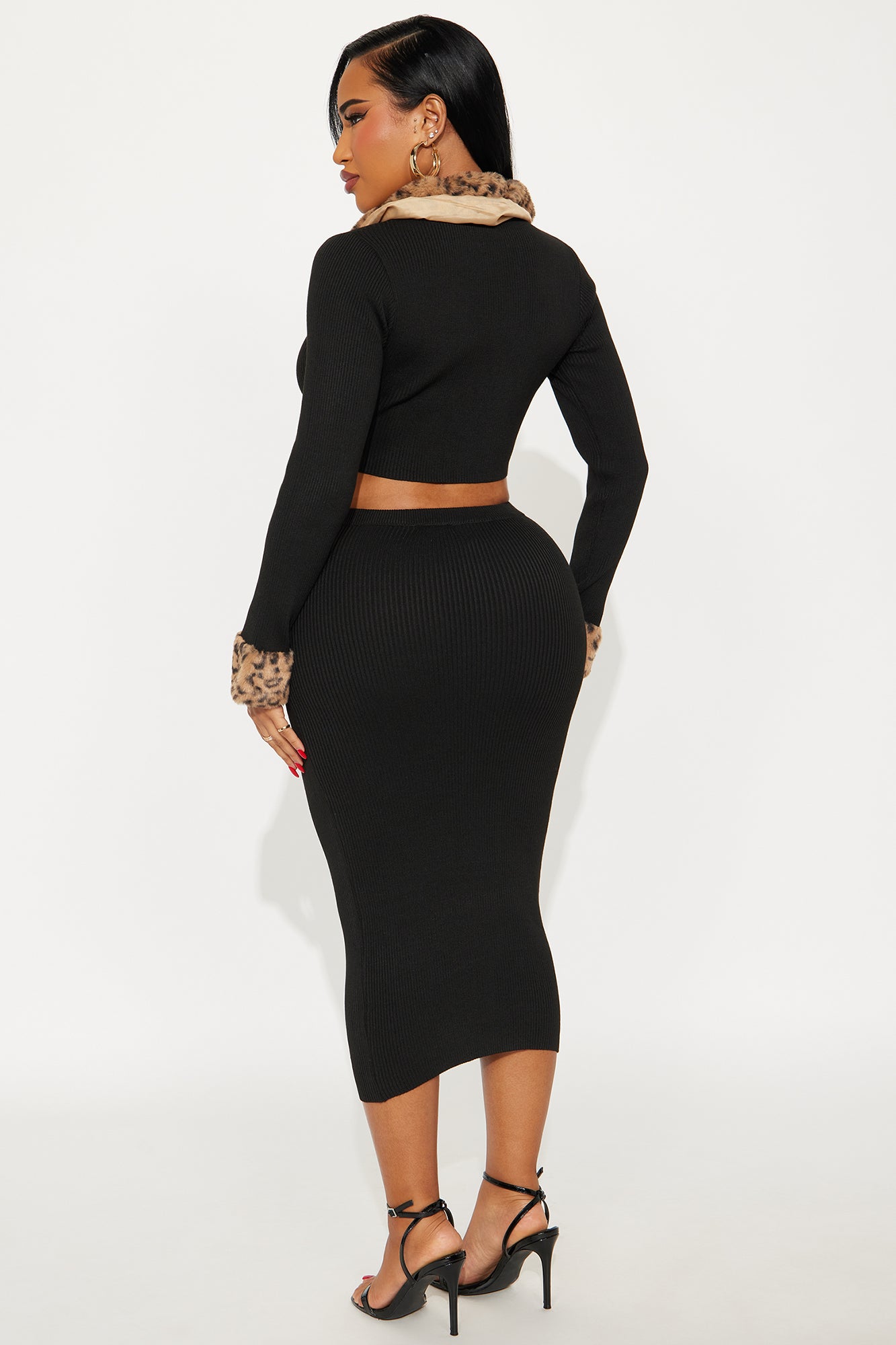 Haven Faux Fur Trim Ribbed Skirt Set - Black