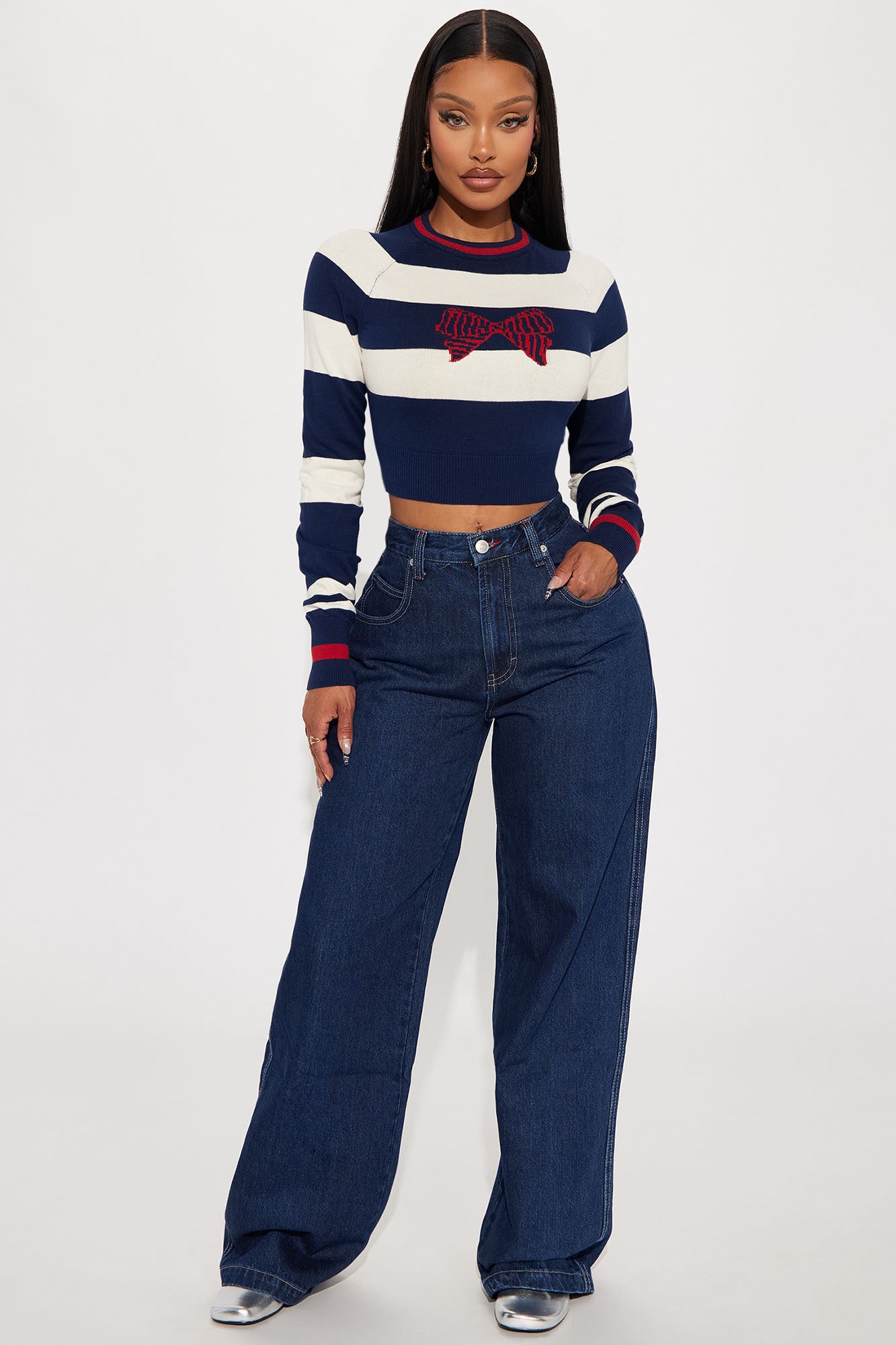 Sailor Striped Bow Sweater - Navy/combo