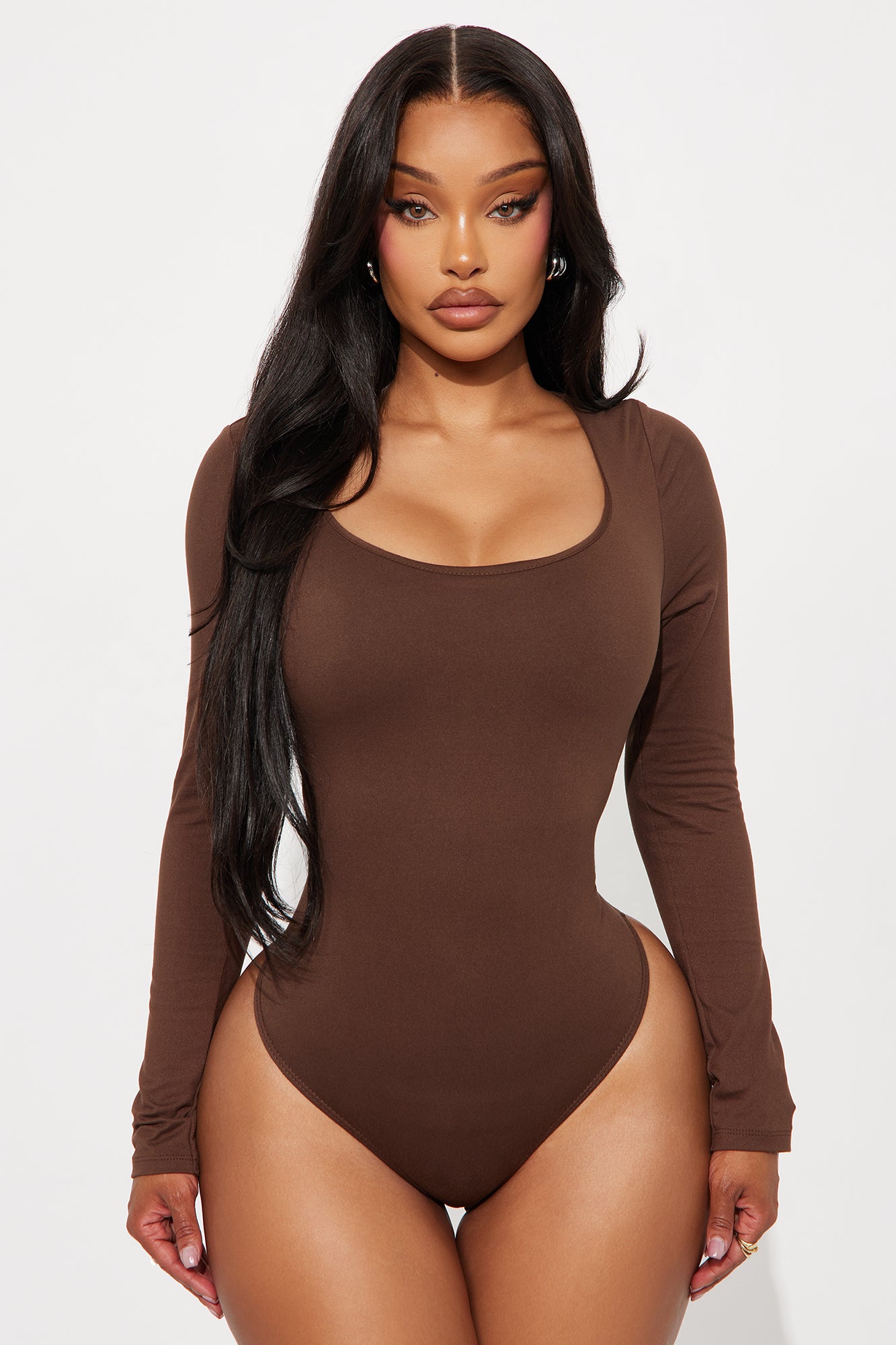 Esme Scoop Neck Double Lined Long Sleeve Bodysuit - Brown