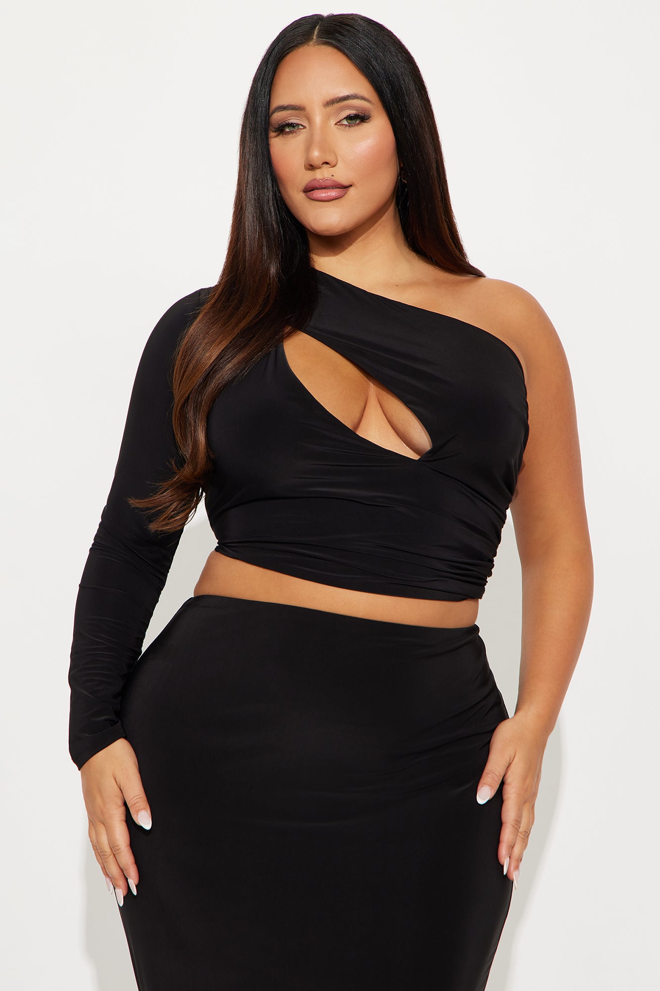 Molly One Shoulder Long Sleeve Skirt Set - Black