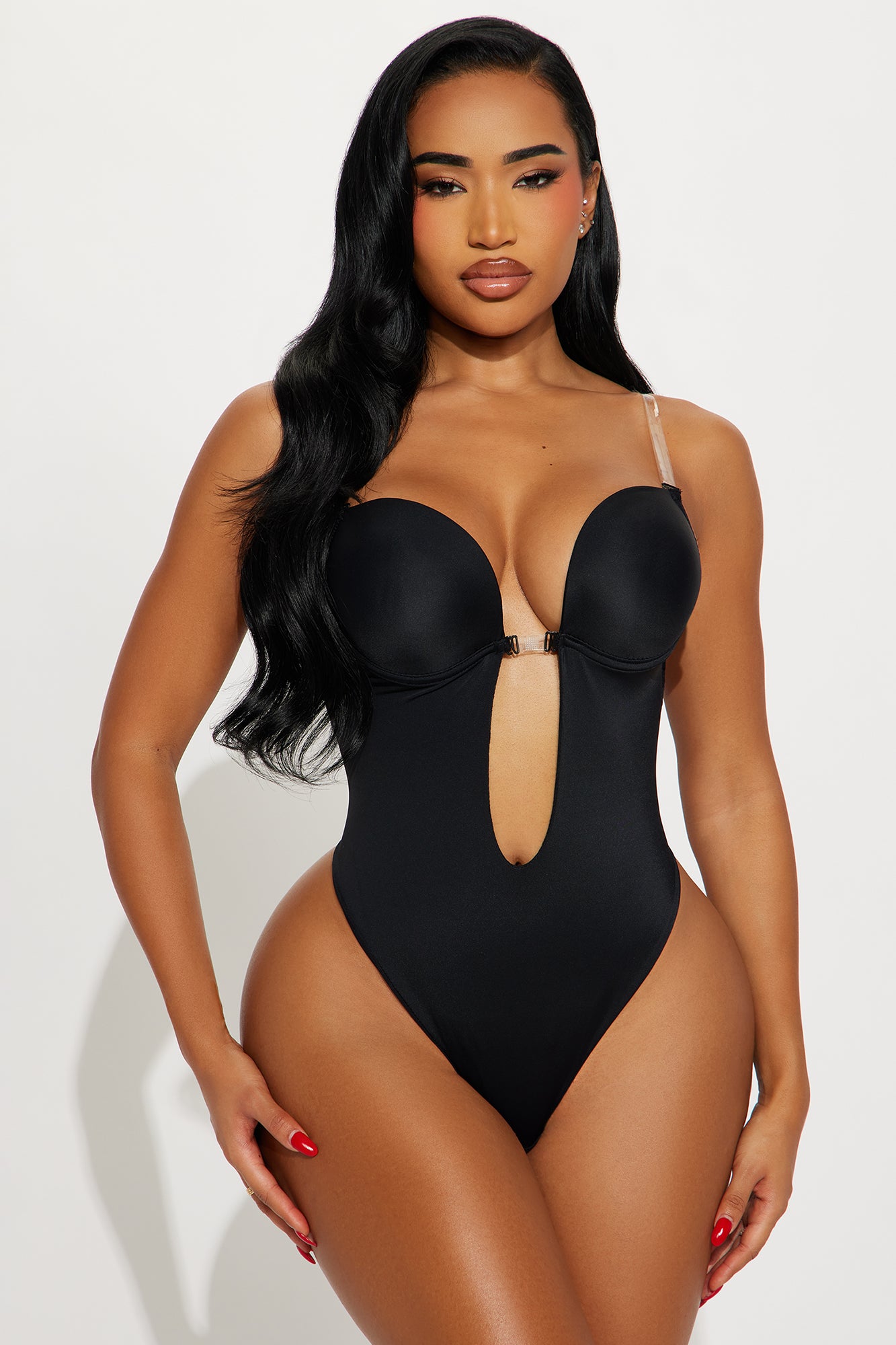 Clear Strap U Plunge Shapewear Bodysuit - Black