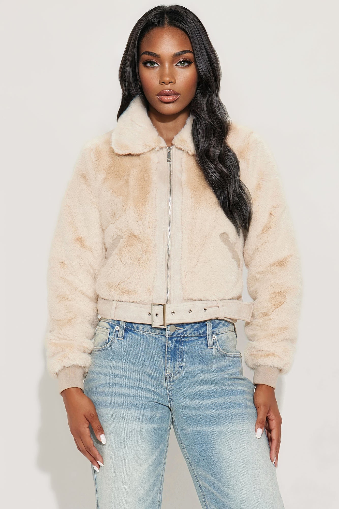 Giovanna Faux Fur Moto Jacket - Stone