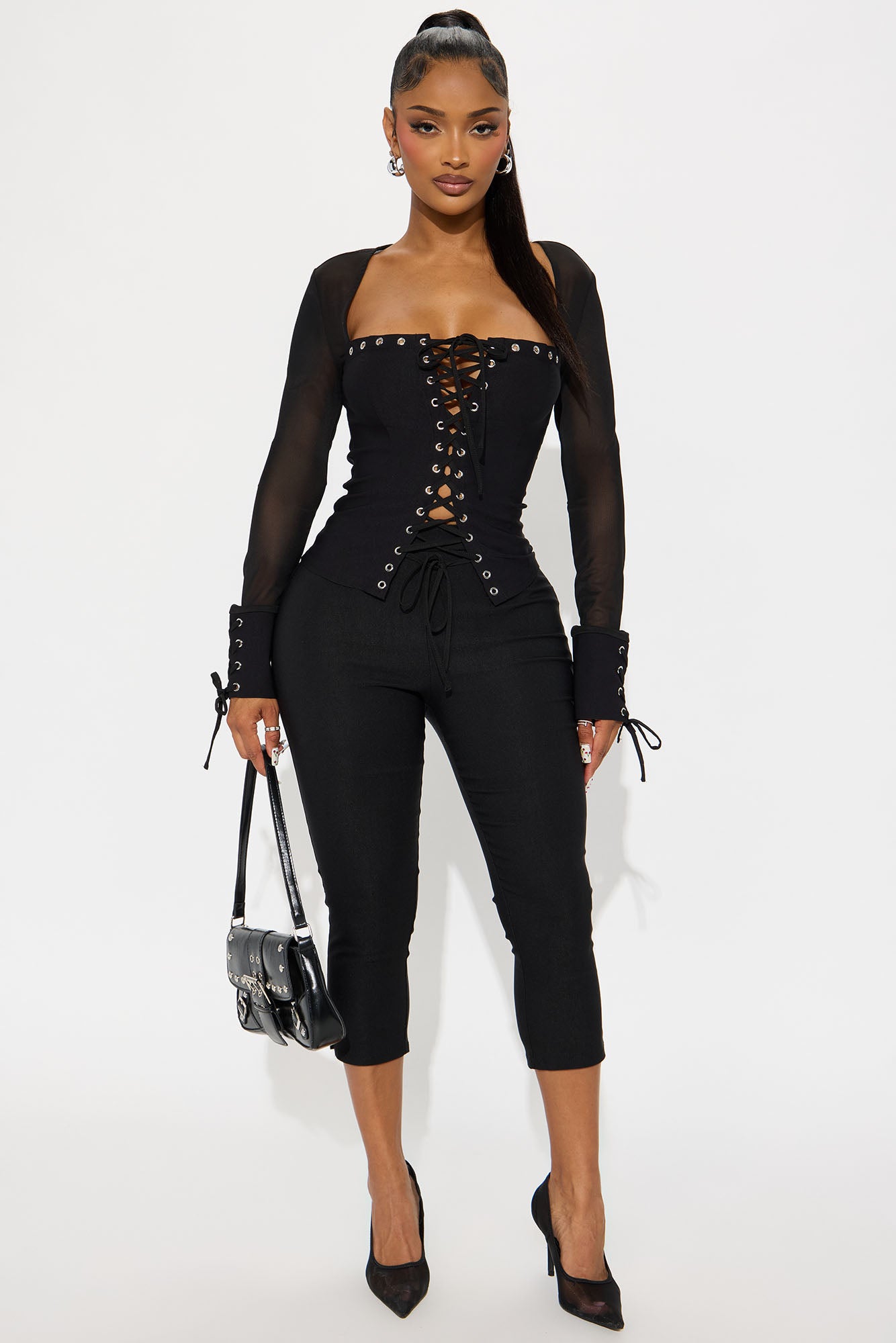 Irma Long Sleeve Corset Top - Black