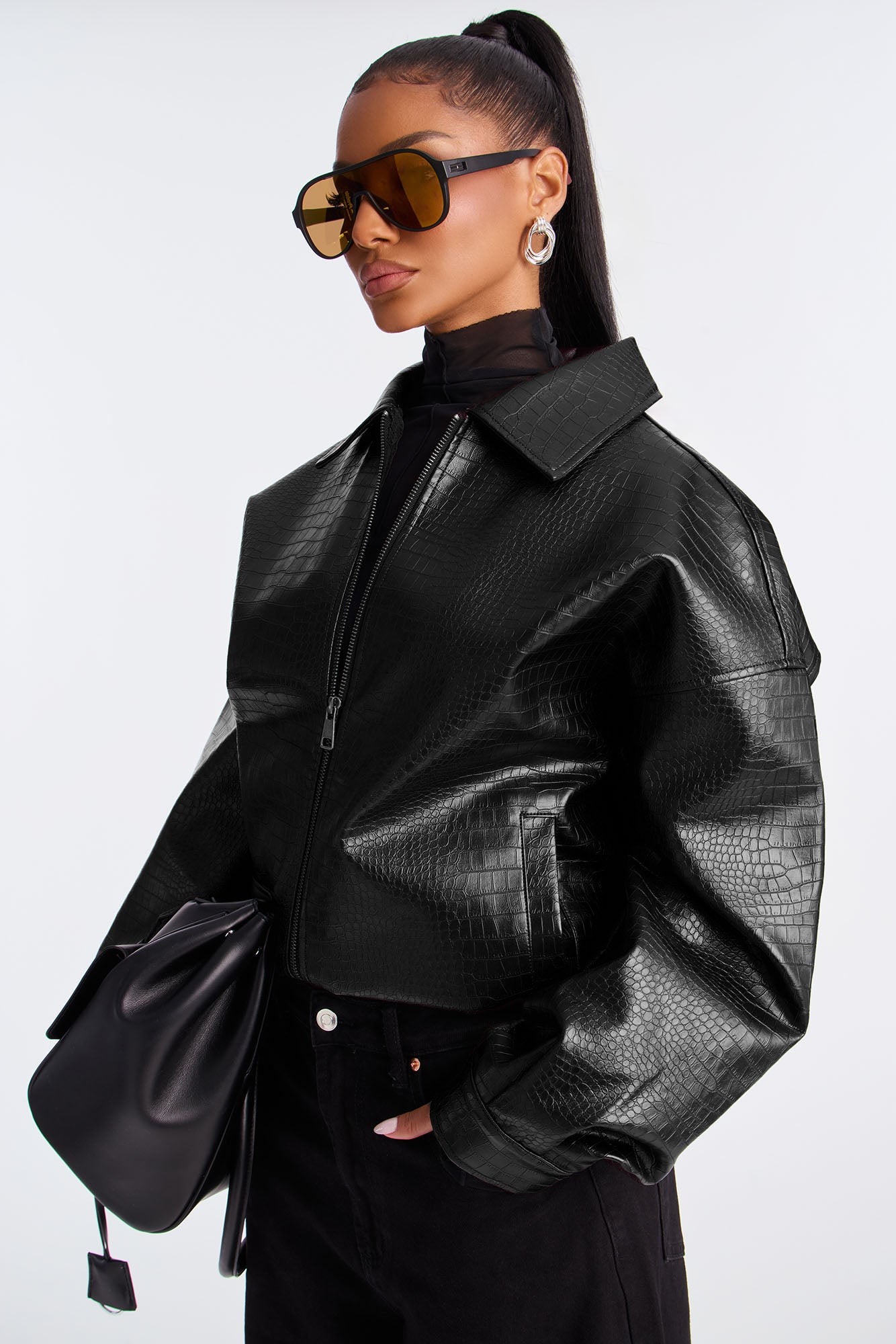 Lola Croc Faux Leather Bomber Jacket - Hunter