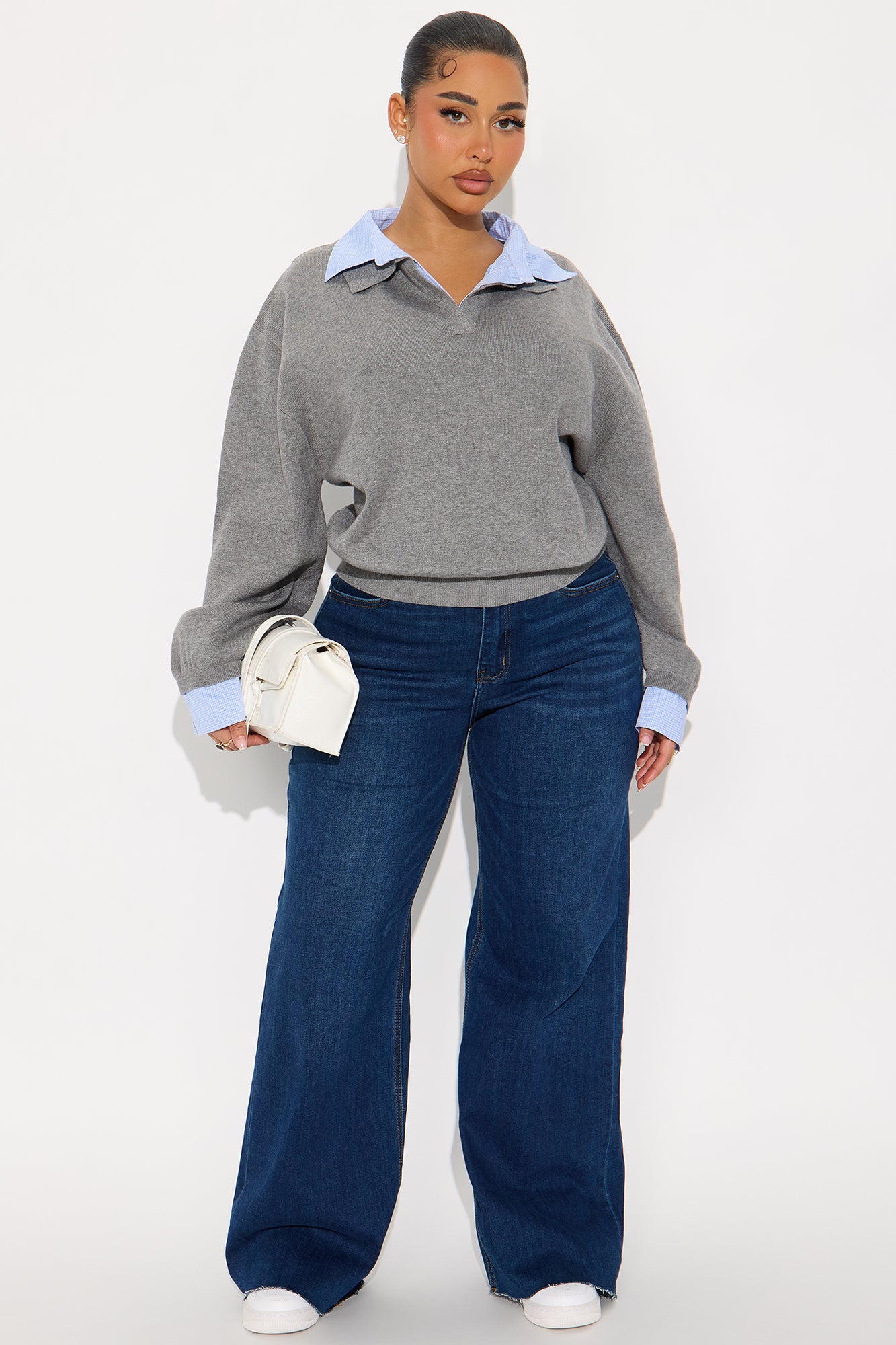 Clocked In Poplin Collar Sweater - Grey/combo