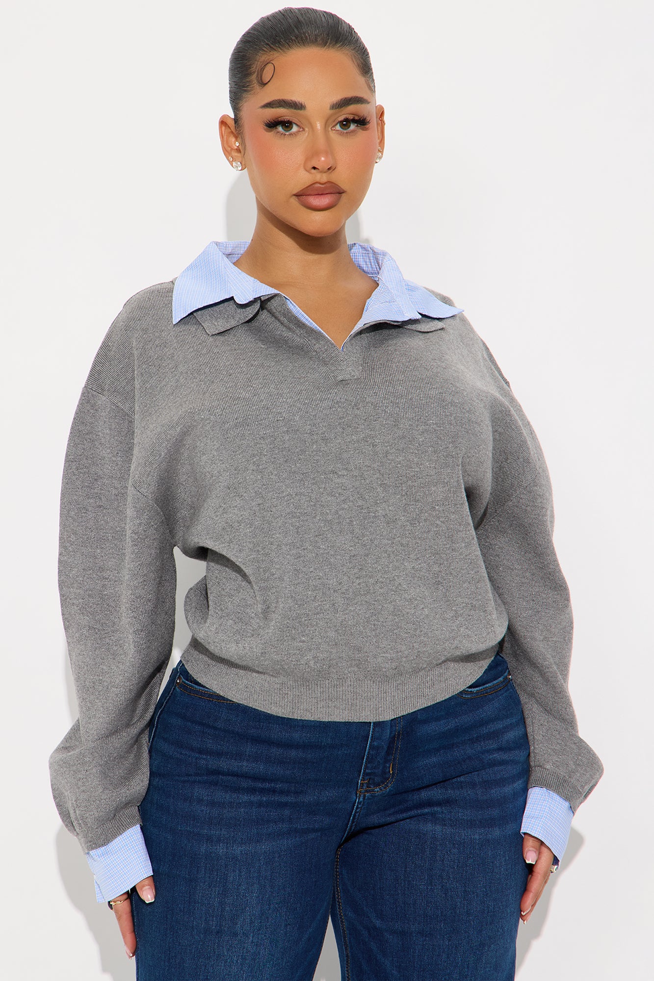Clocked In Poplin Collar Sweater - Grey/combo