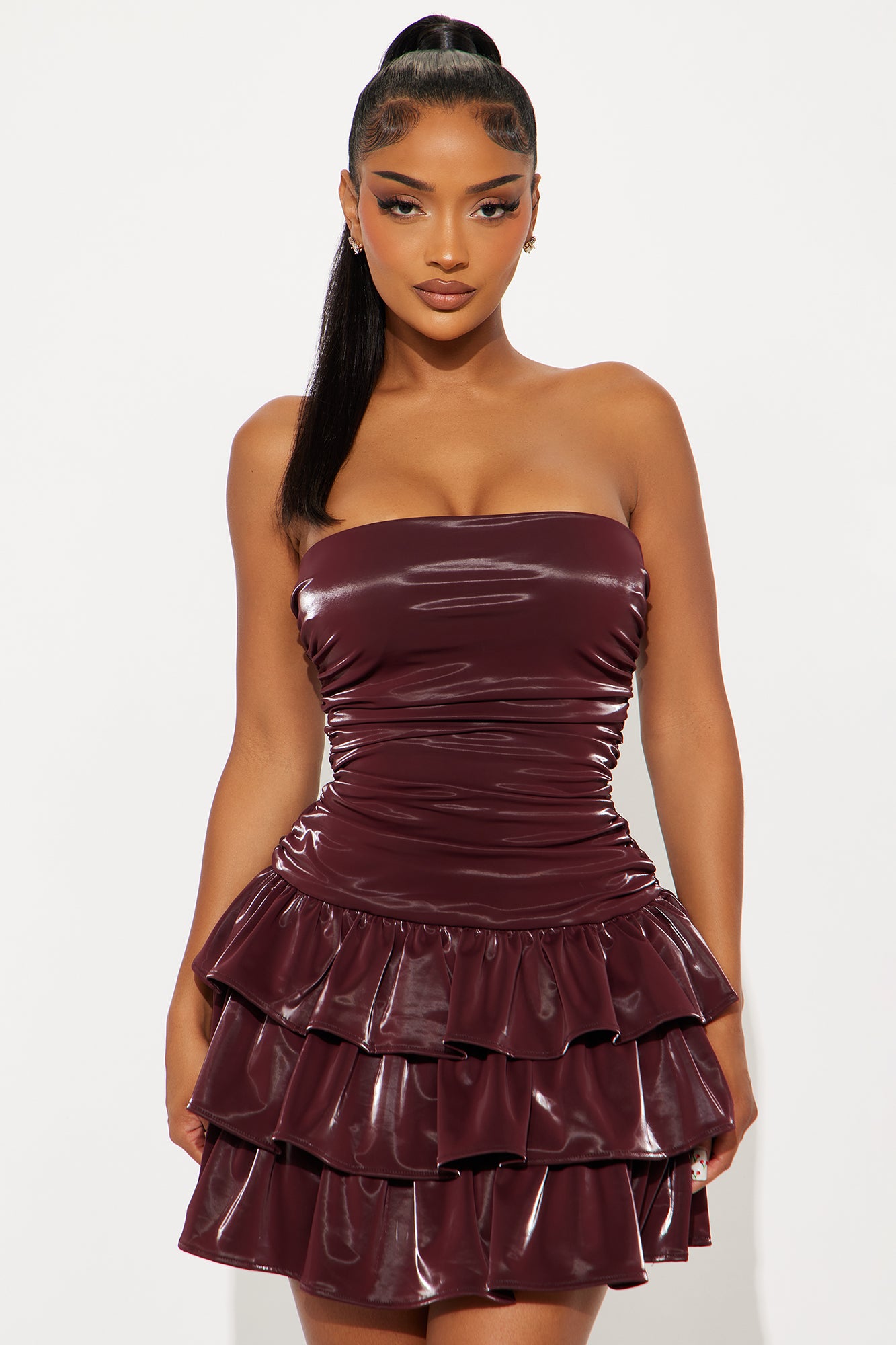 Perla Ruffle Faux Patent Leather Mini Dress - Wine