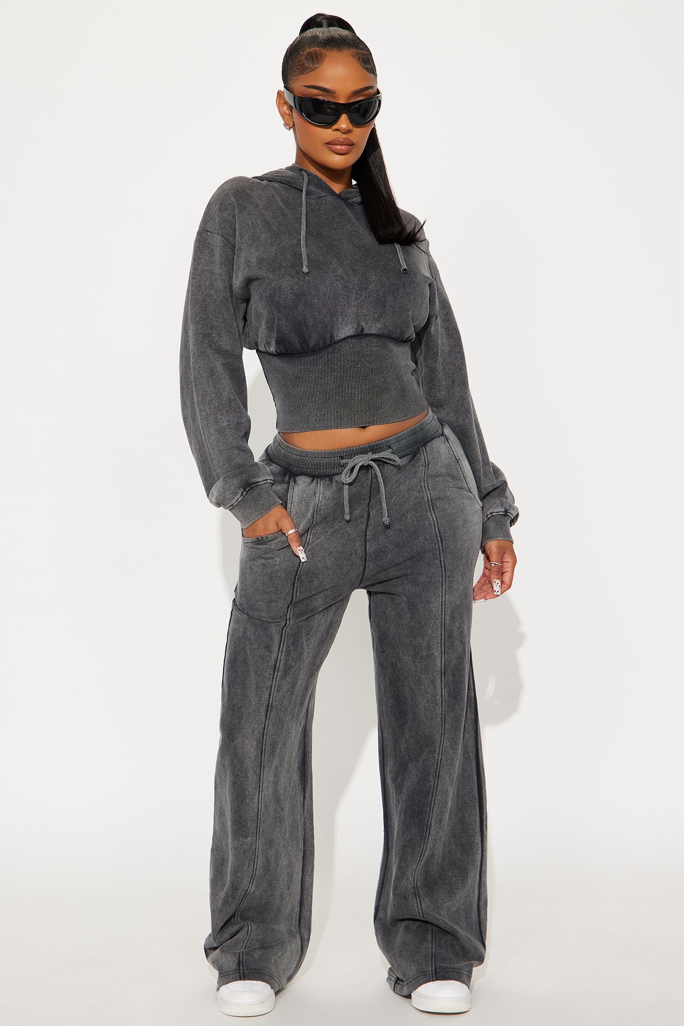 My Type Rib Waist Fleece Pant Set - Grey