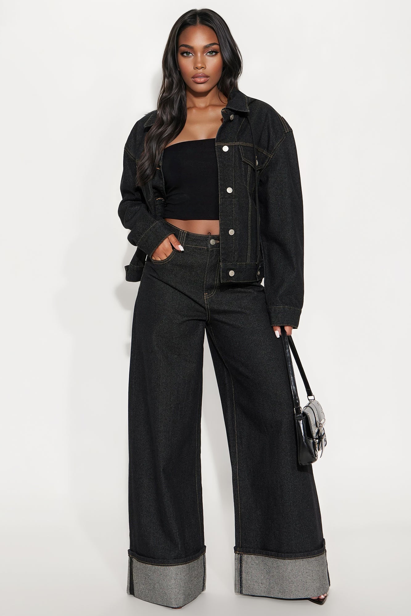 Sooner Or Later Cuffed Wide Leg Jeans - Dark Denim