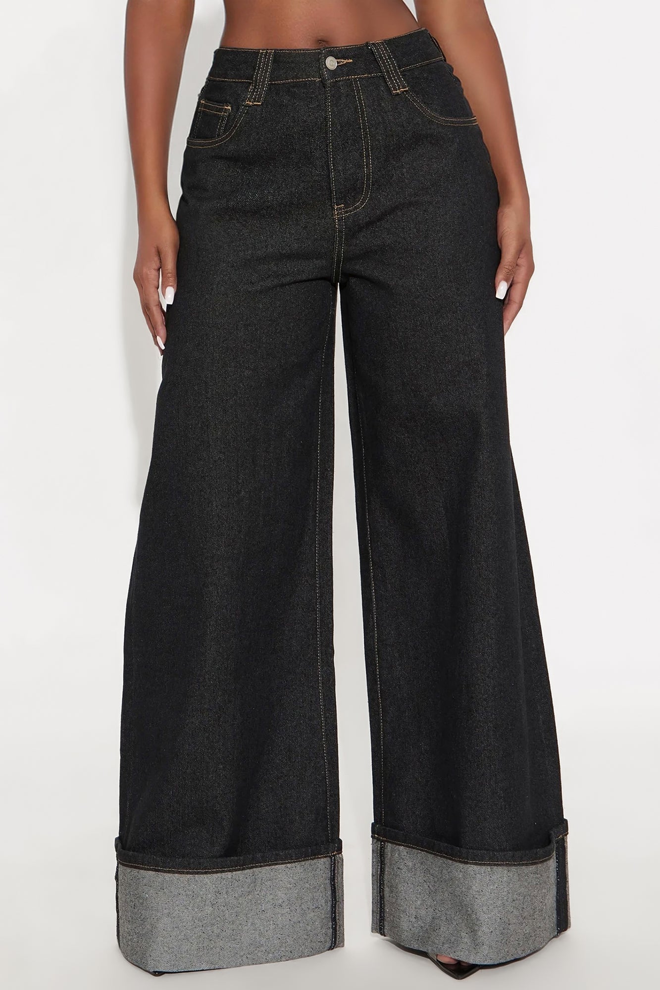 Sooner Or Later Cuffed Wide Leg Jeans - Dark Denim