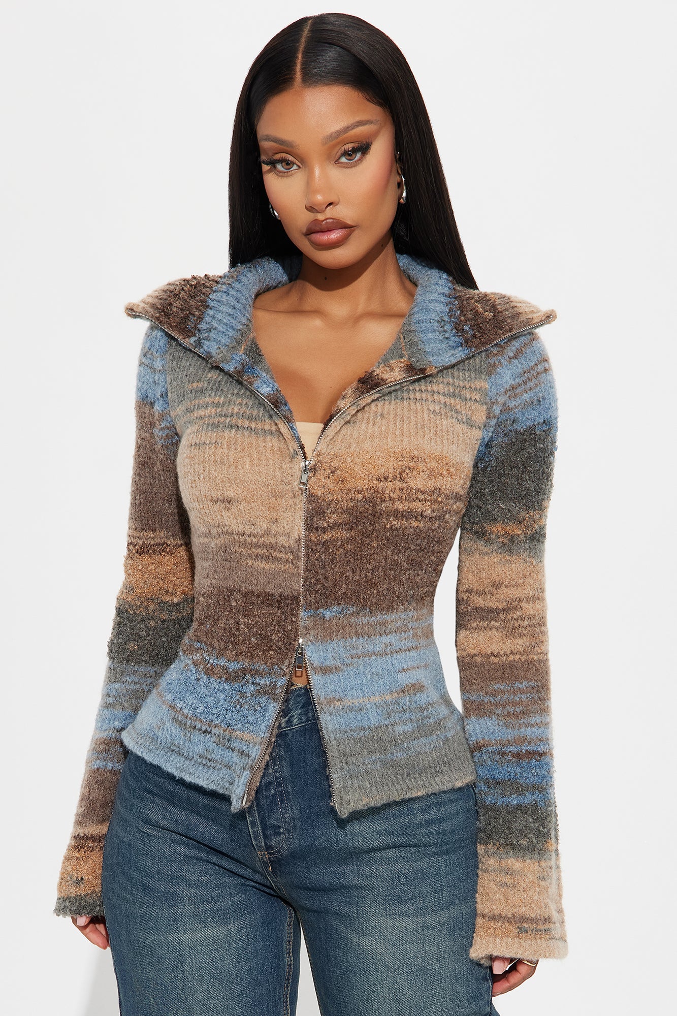 Take Your Time Front Zip Sweater - Blue/combo