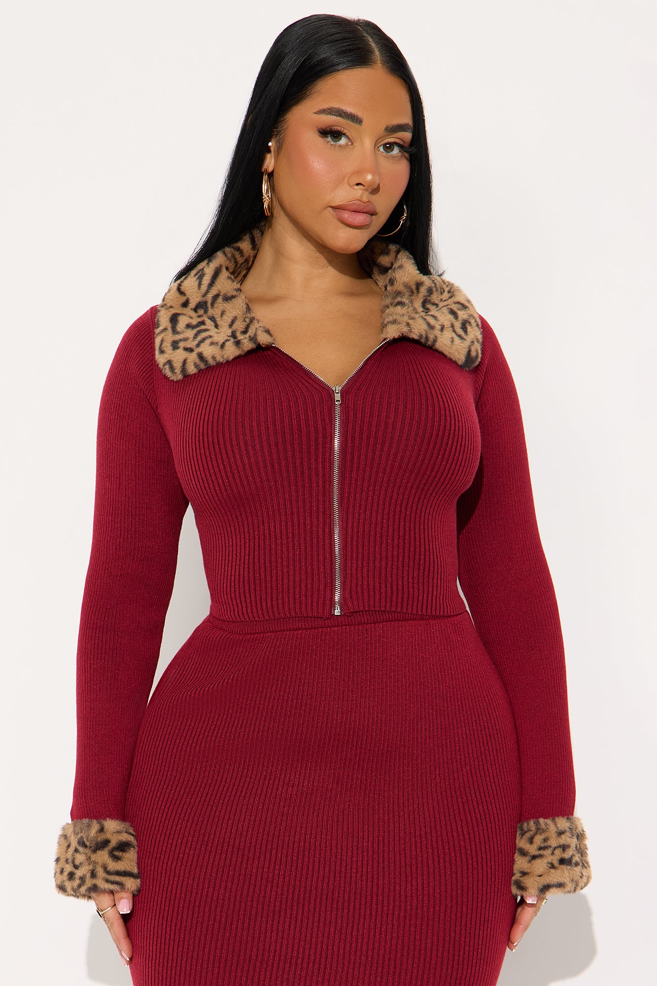 Haven Faux Fur Trim Ribbed Skirt Set - Wine