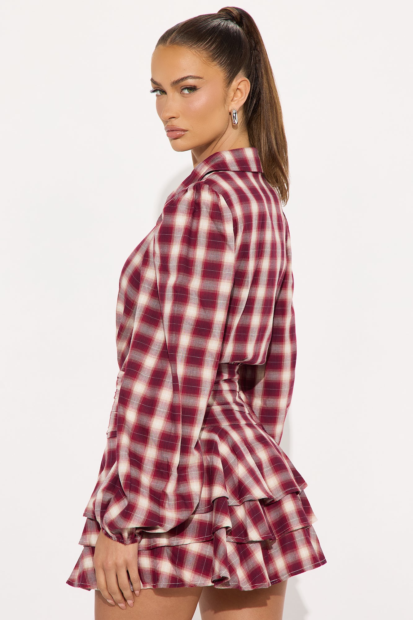 Pricilla Ruffle Flannel Micro Mini Dress - Red/combo