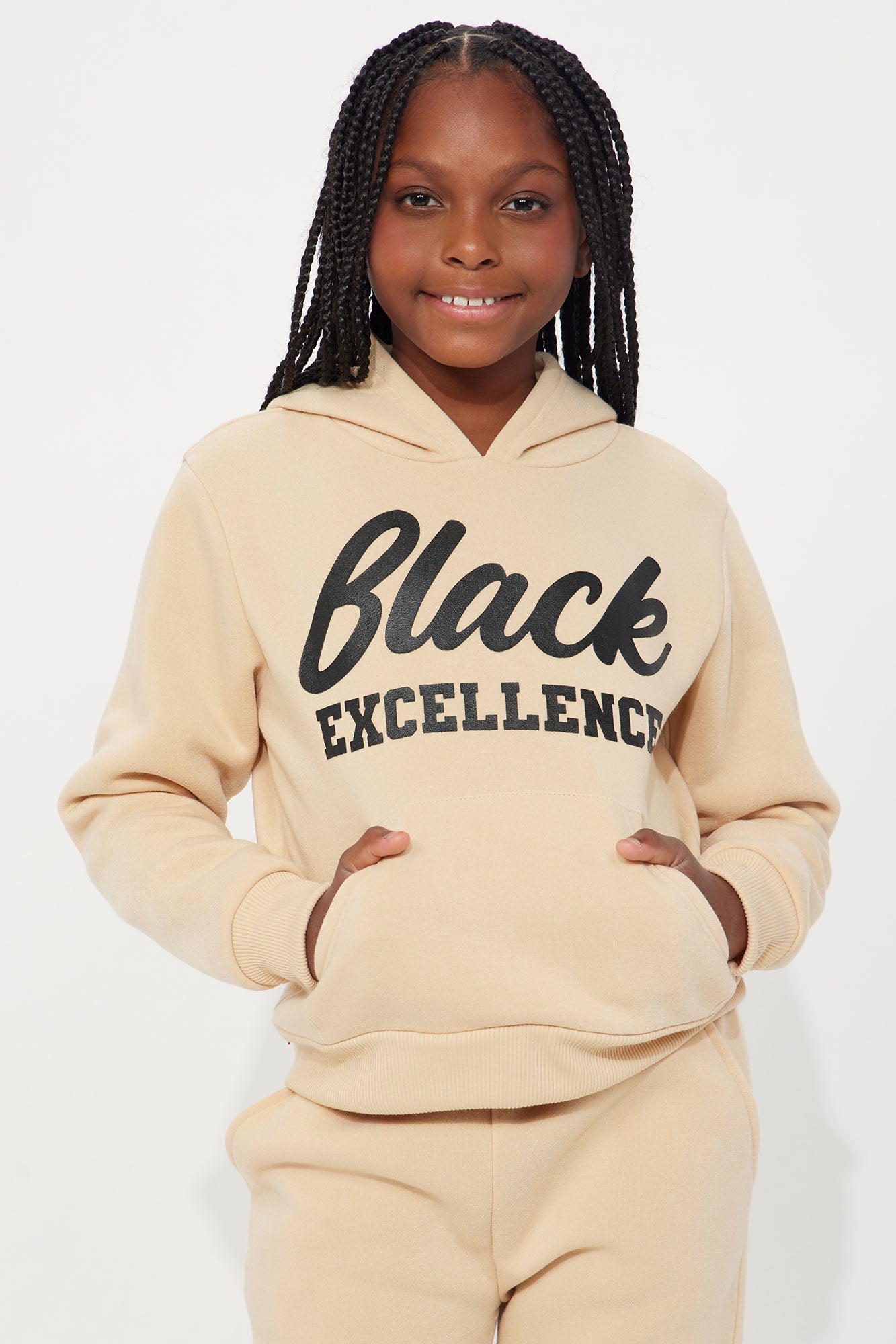 Mini Black Excellence Fleece Pant Set - Tan