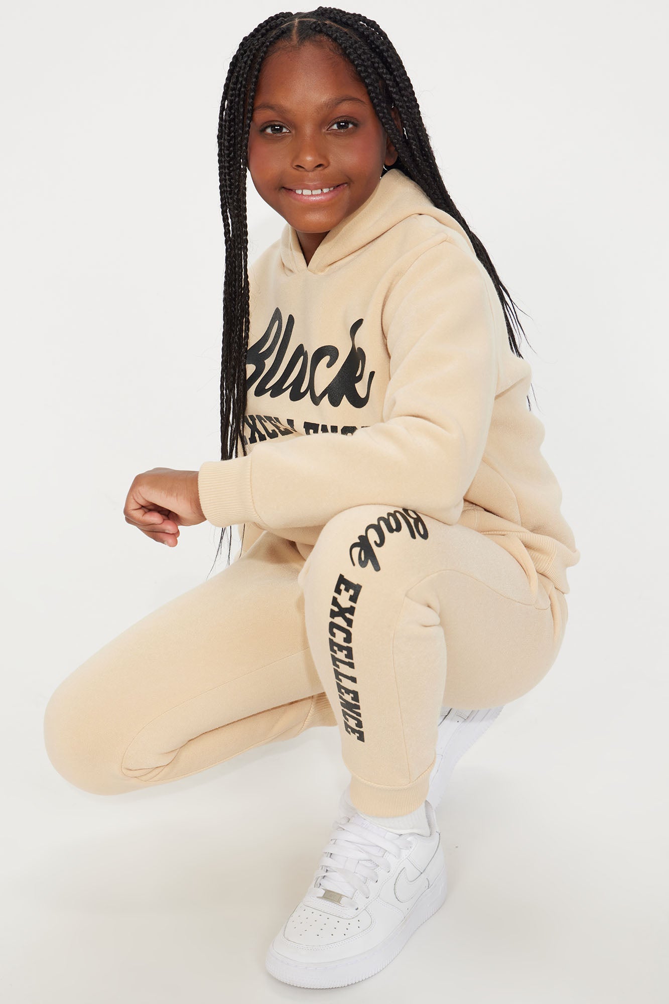 Mini Black Excellence Fleece Pant Set - Tan