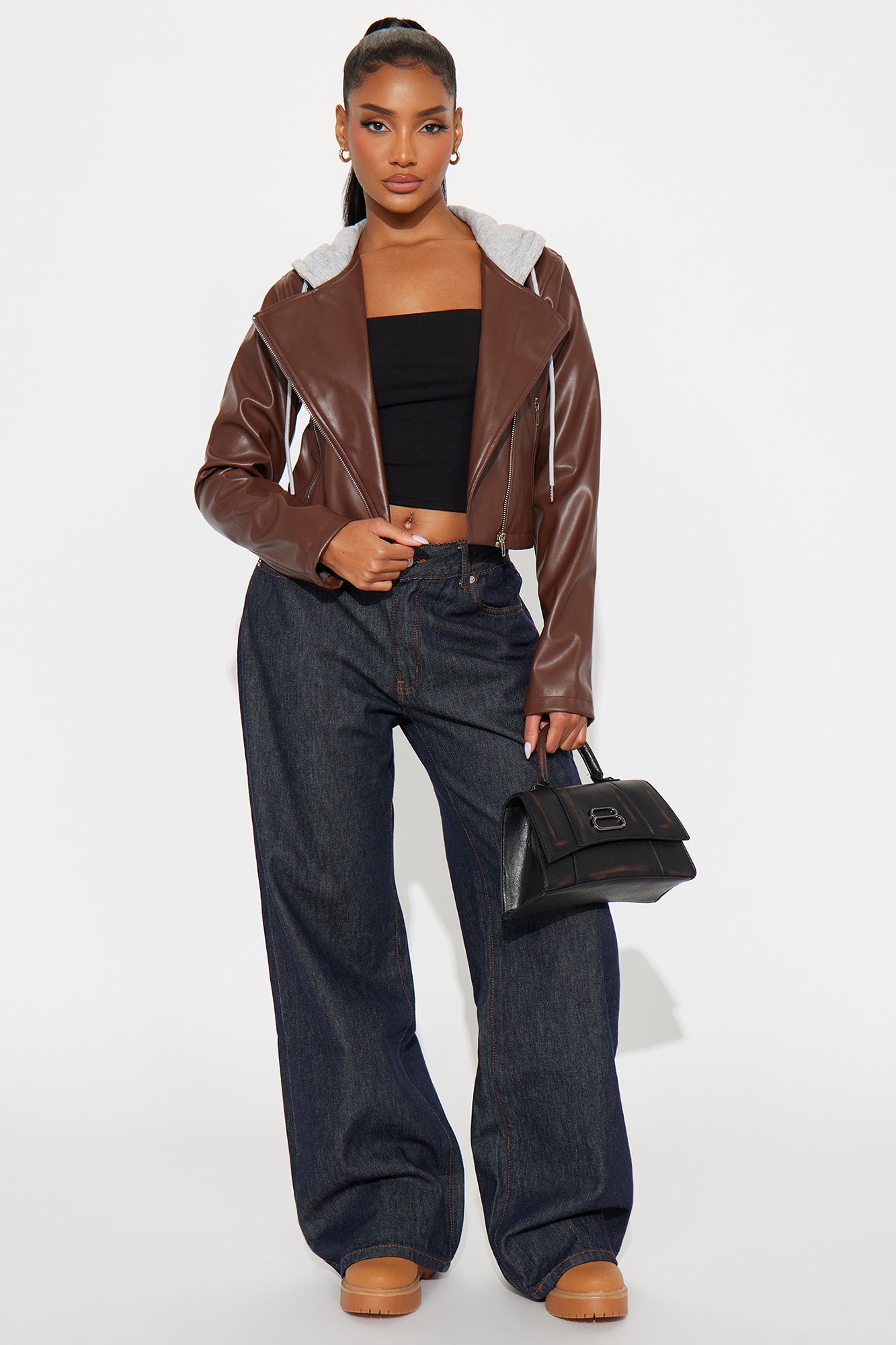 Callie Hooded Faux Leather Moto Jacket - Brown