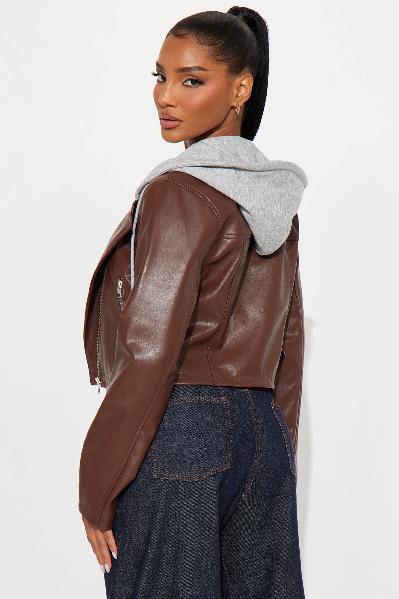 Callie Hooded Faux Leather Moto Jacket - Brown