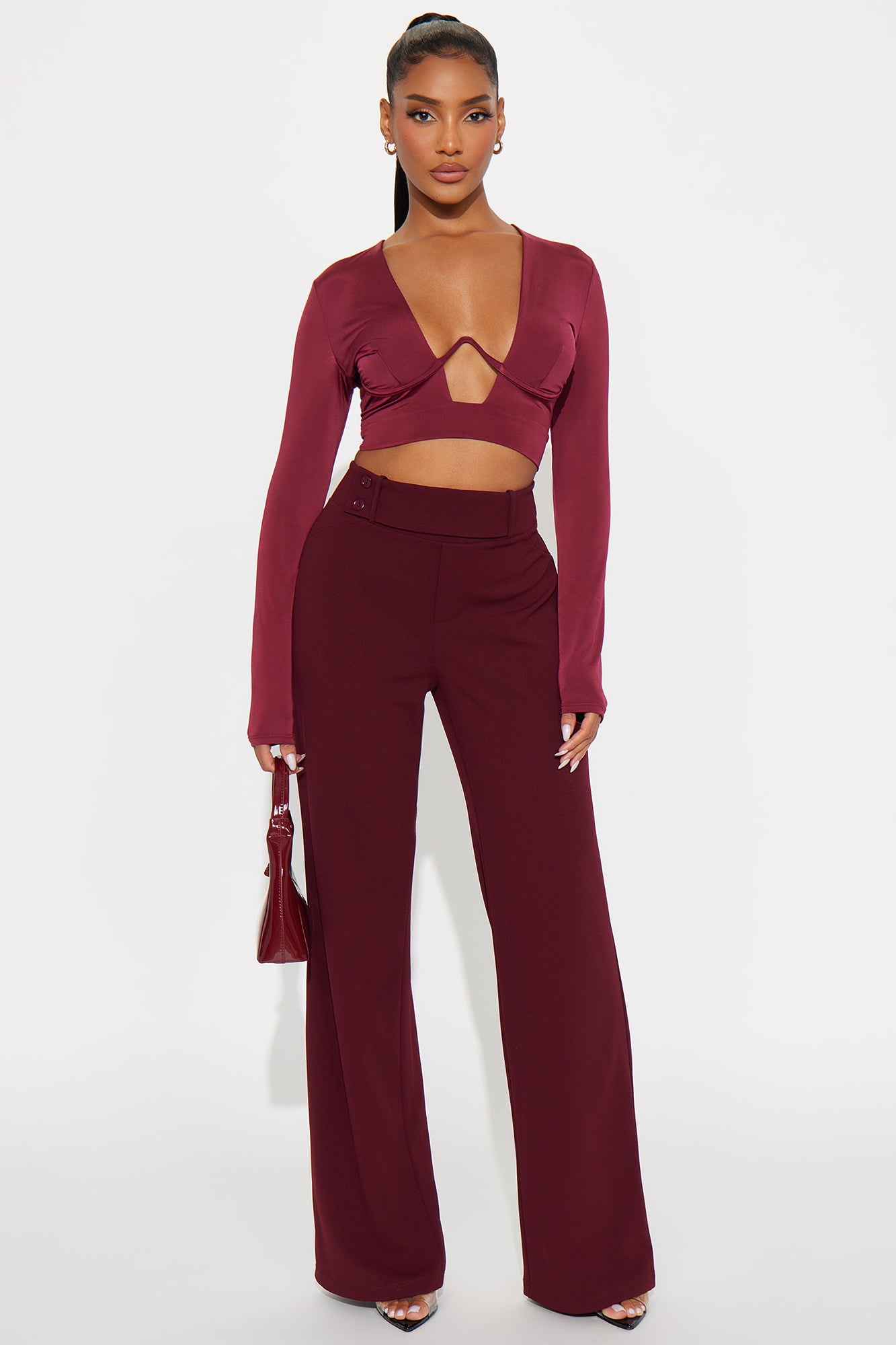 Talia Cut Out Long Sleeve Top - Burgundy