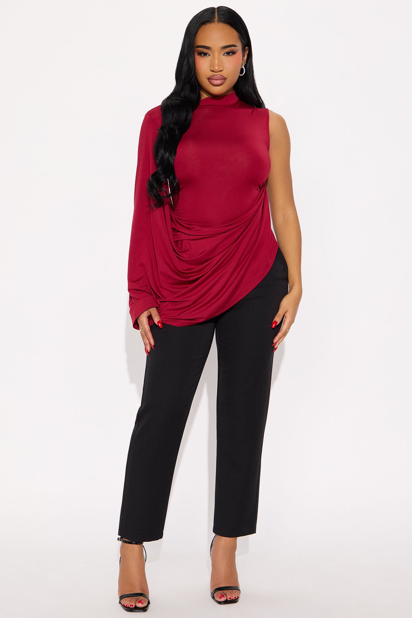Origin Story Draped Mock Neck Top - Burgundy
