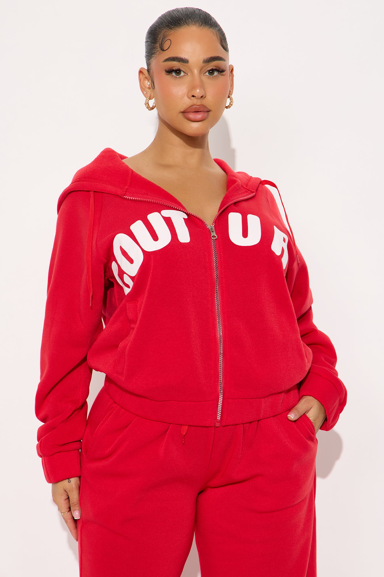 Couture Comfort Zip Up Fleece Pant Set - Red