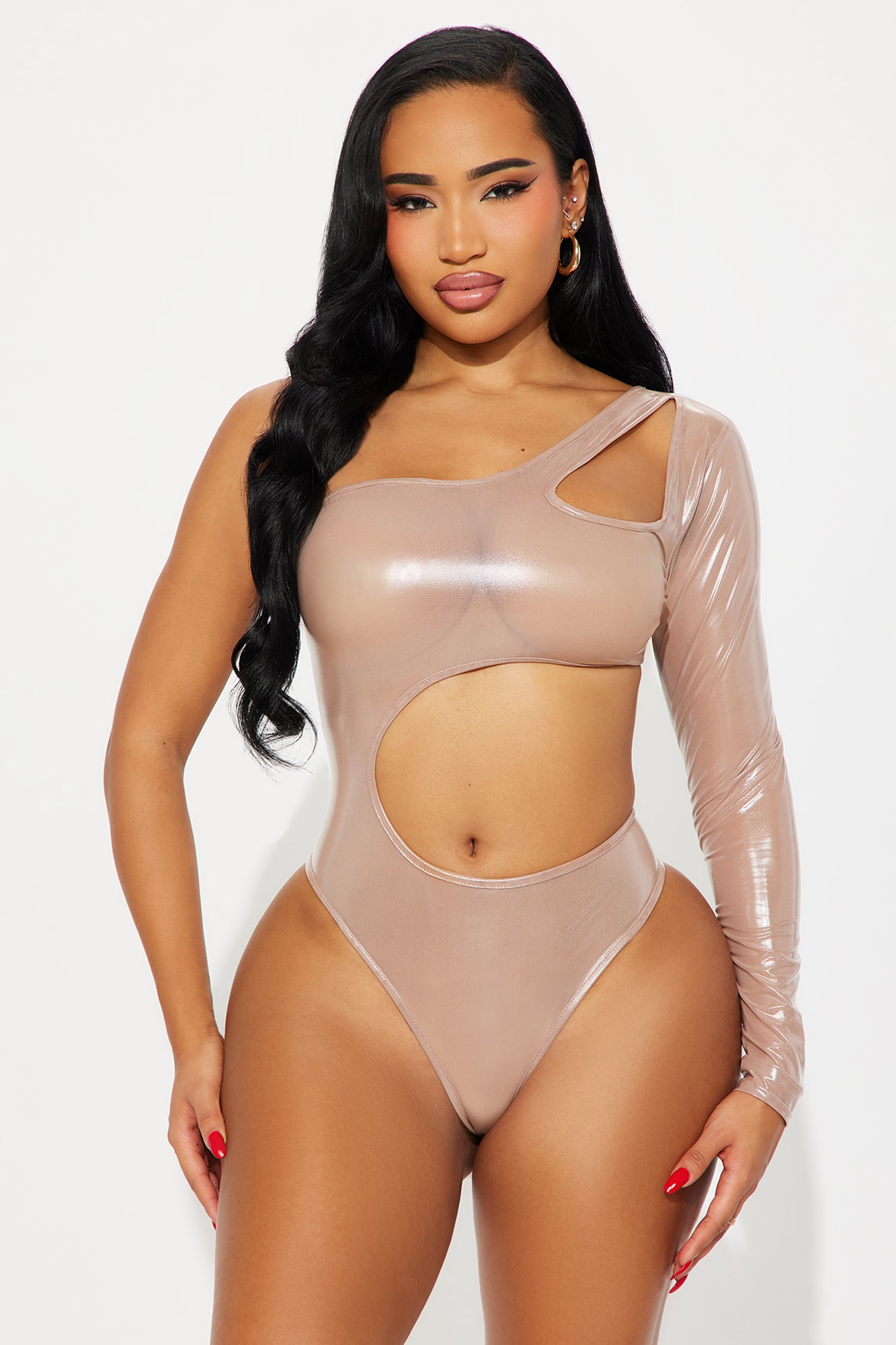 Clarissa Faux Leather Latex One Shoulder Bodysuit - Mocha