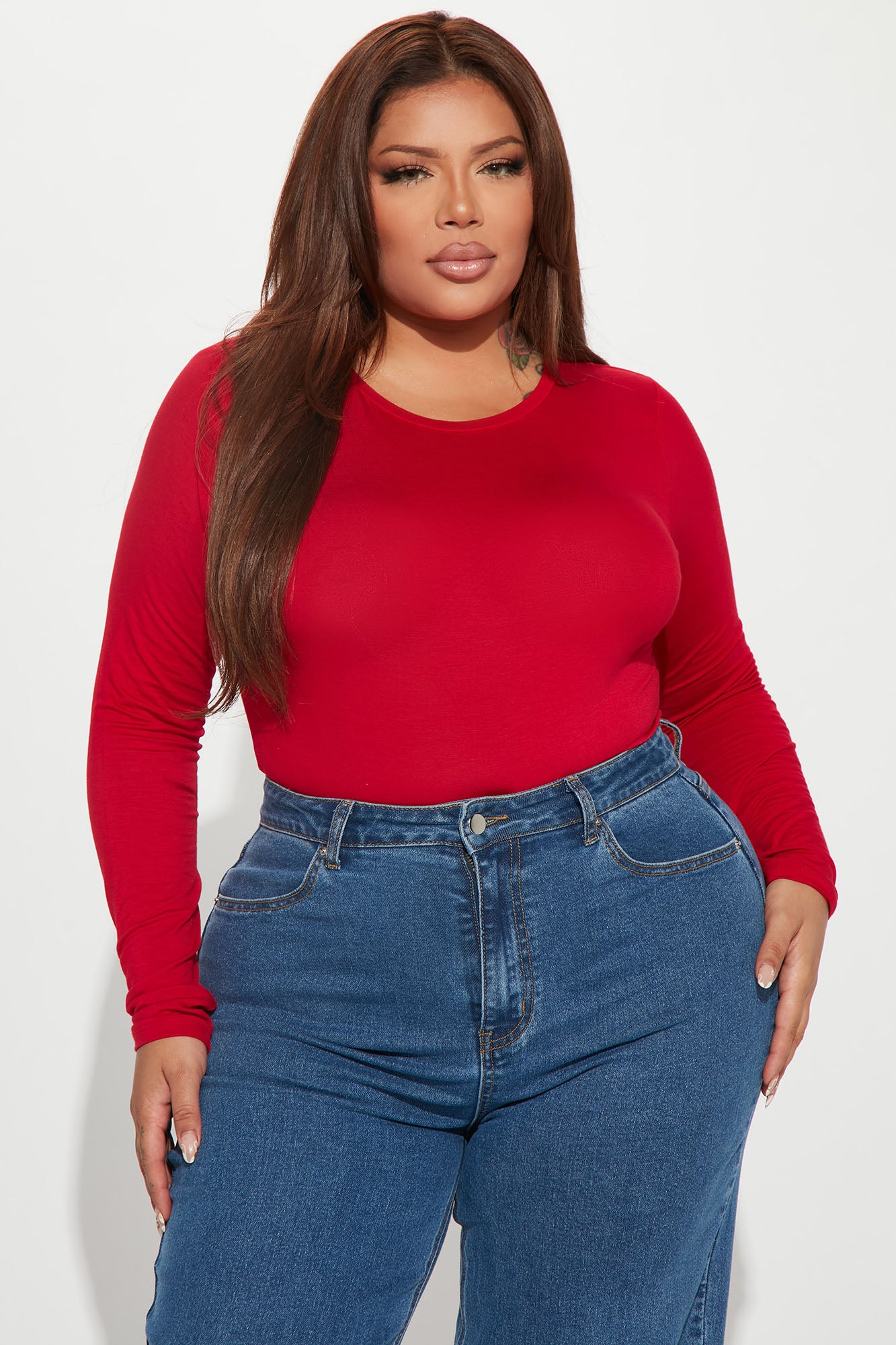 Krystal Crew Neck Long Sleeve Bodysuit - Red