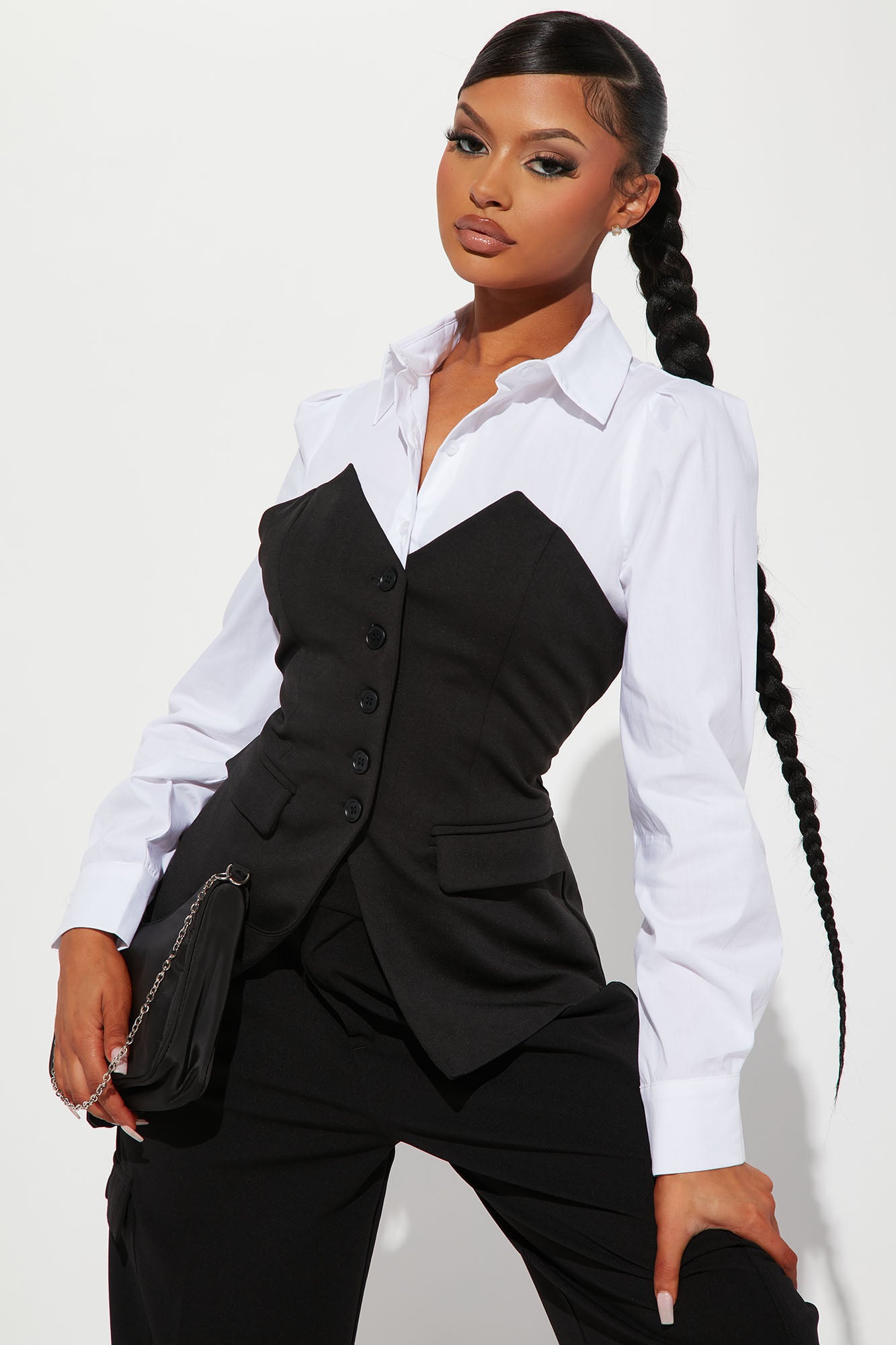 Here To Work Poplin Vest Top - Black/White