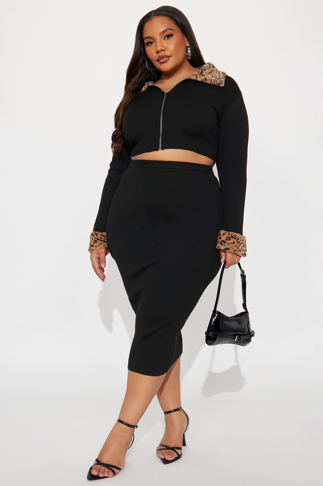Haven Faux Fur Trim Ribbed Skirt Set - Black