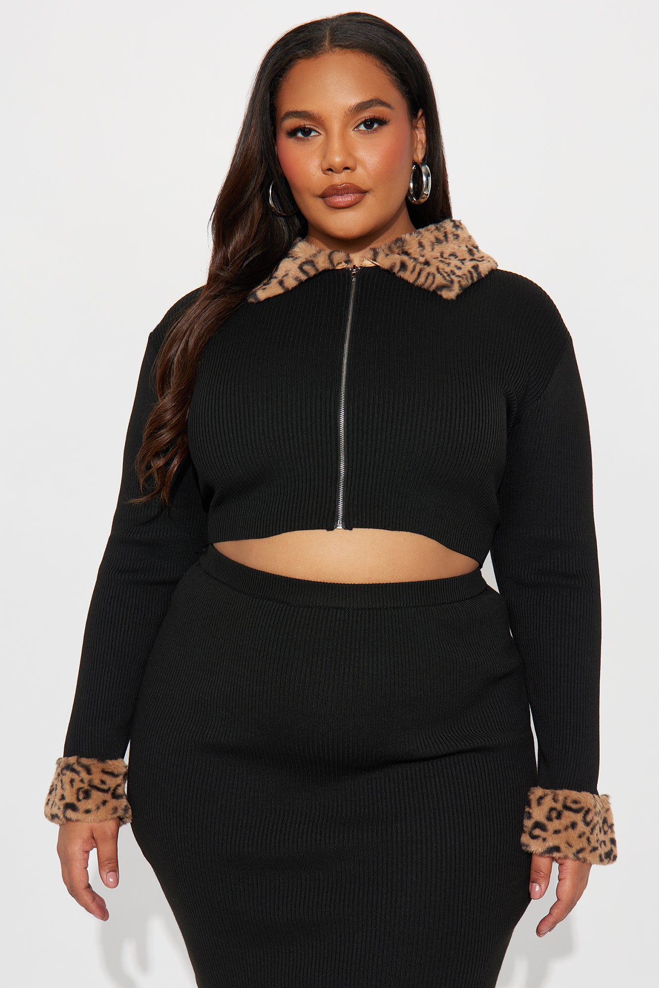 Haven Faux Fur Trim Ribbed Skirt Set - Black